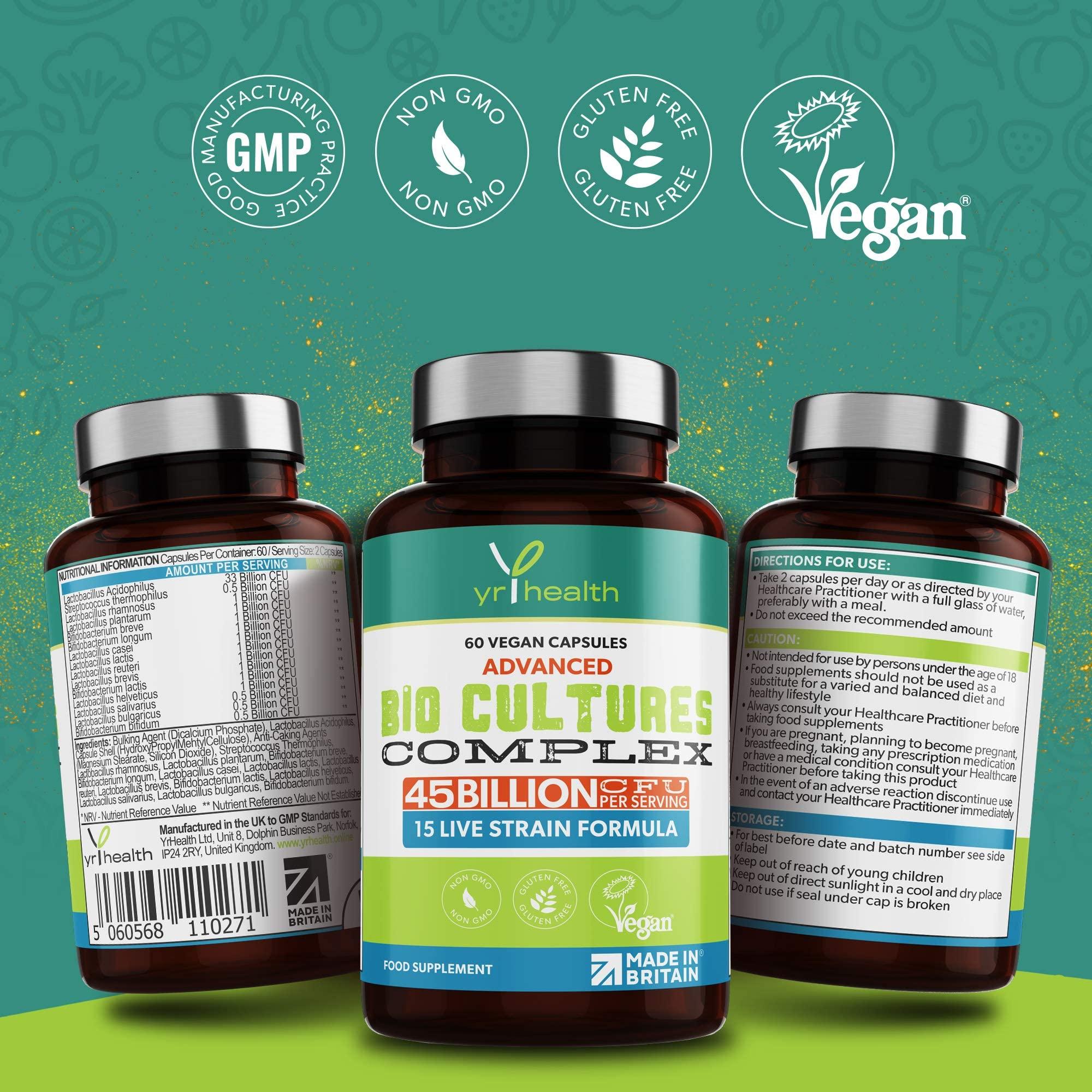 yrhealth Vegan Bio Cultures Complex - 45 Billion CFU, 15 Active Bacteria Strains - Maximum Strength Multi Strain Complex - Probiotics Women Gut Health and Men, 60 Capsules - Made in The UK by YrHealth