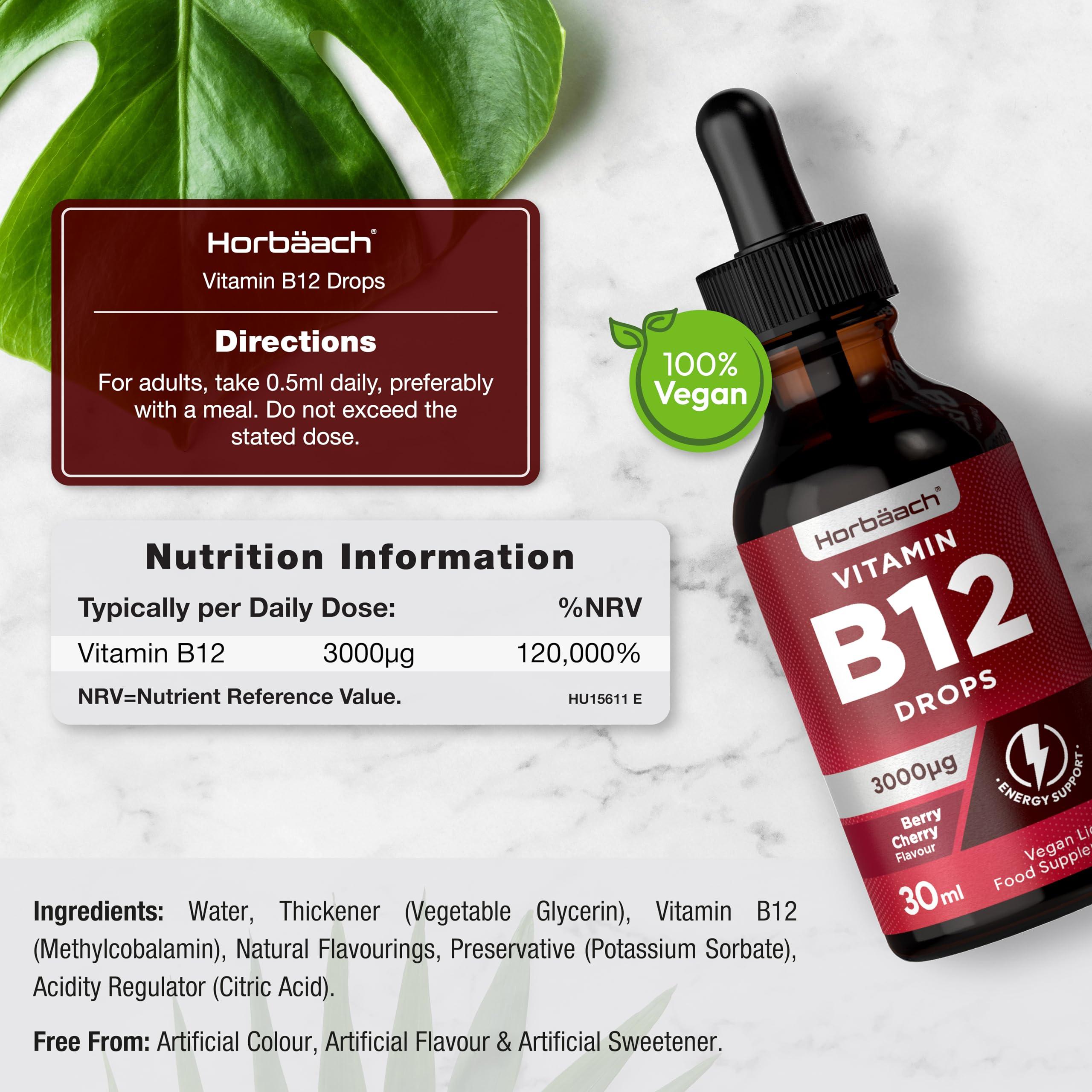 Horbach Vitamin B12 Drops High Strength 3000mcg | 30ml | Daily Oral Drop Supplement | Berry Cherry Flavoured Liquid | Suitable for Vegans & Vegetarians | by Horbaach