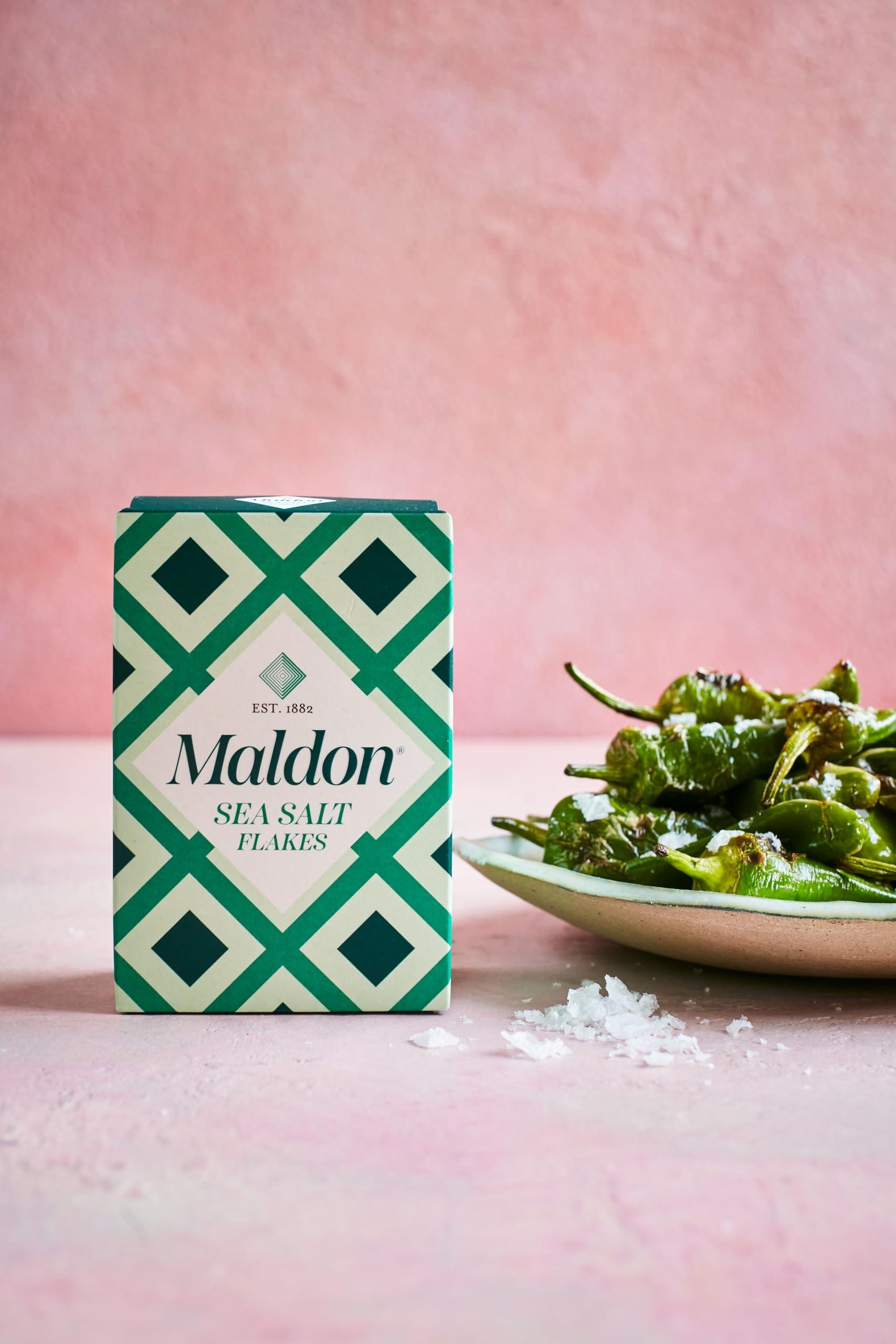 Maldon Maldon - Sea Salt Flakes, Unique Pyramid Shaped Salt Flakes, Perfect for a Wide Range of Dishes, Hand-Harvested for Four Generations, 250g Box