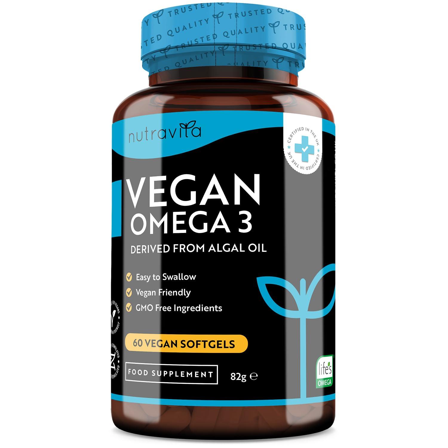 Nutravita Vegan High Strength Omega 3 2000mg Soft Gels - 600mg DHA & 300mg EPA per Serving - Plant-Based Omega 3 Softgels Derived from Sustainable Algal Oil - 60 Vegan Softgels - Made in The UK by Nutravita