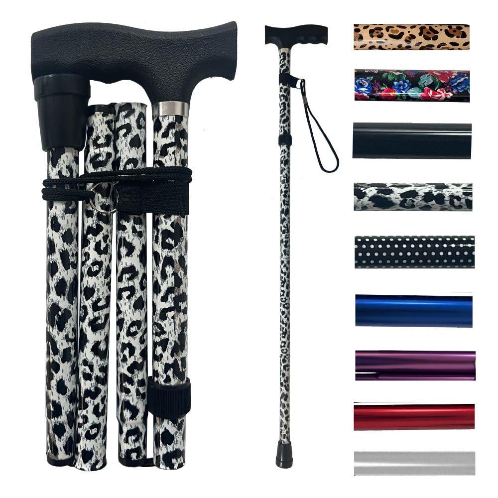 LIFE Life Healthcare Walking Stick for Women, for Elderly Or Disabled, Folding Adjustable Height, Right Or Left Handed, Non-Slip Rubber Tip, Wrist Strap, Lightweight (Black Leopard)