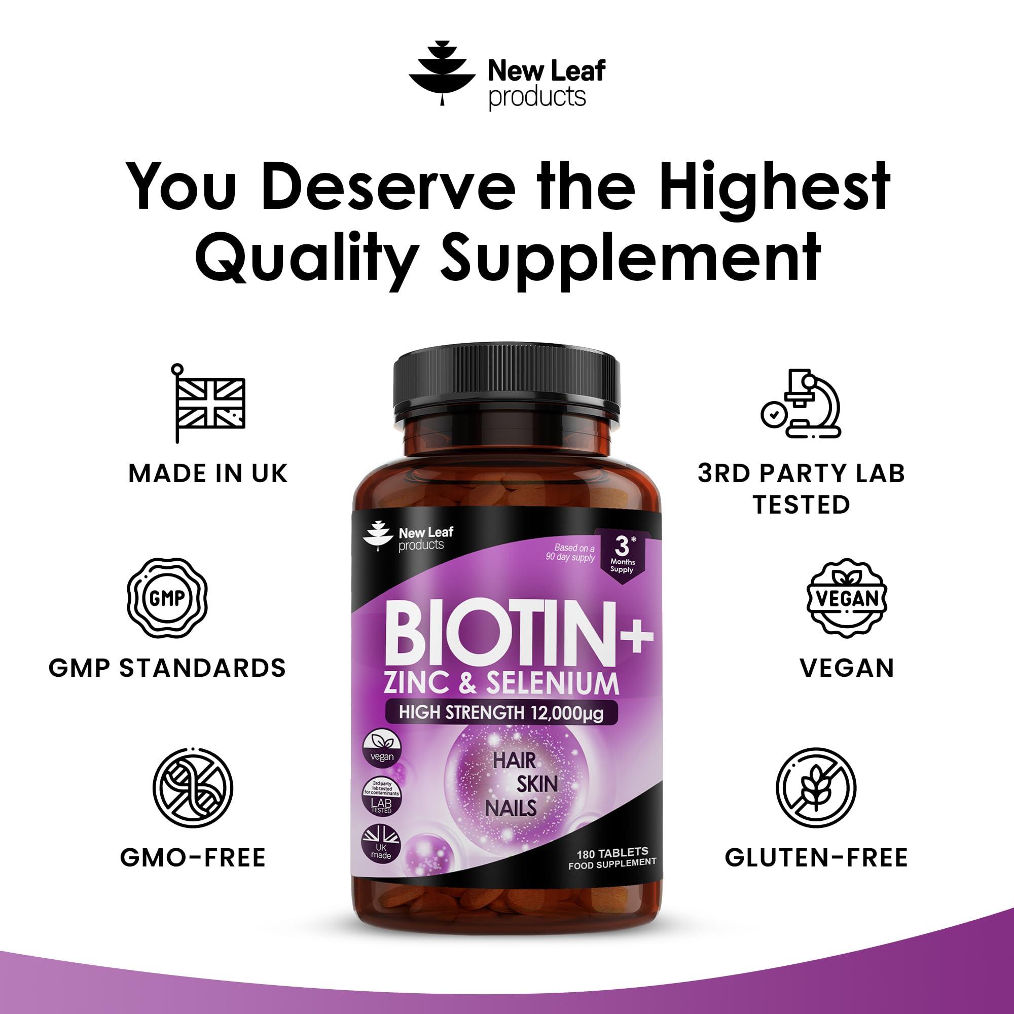 NEW LEAF PRODUCTS Biotin Hair Growth Vitamins 12,000mcg D-Biotin Tablets Enriched with Zinc & Selenium Vegan Hair Skin & Nails Vitamins for Women and Men High Strength Hair Vitamins 6 Months Supply UK Made - New Leaf