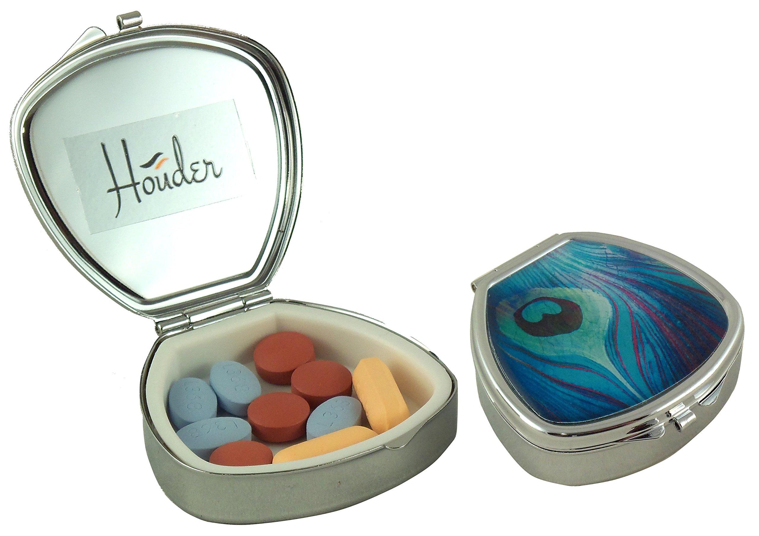 Houder Houder Designer Pill Box - Decorative Pill Case with Gift Box - Carry Your Meds in Style (Peacock Feather)