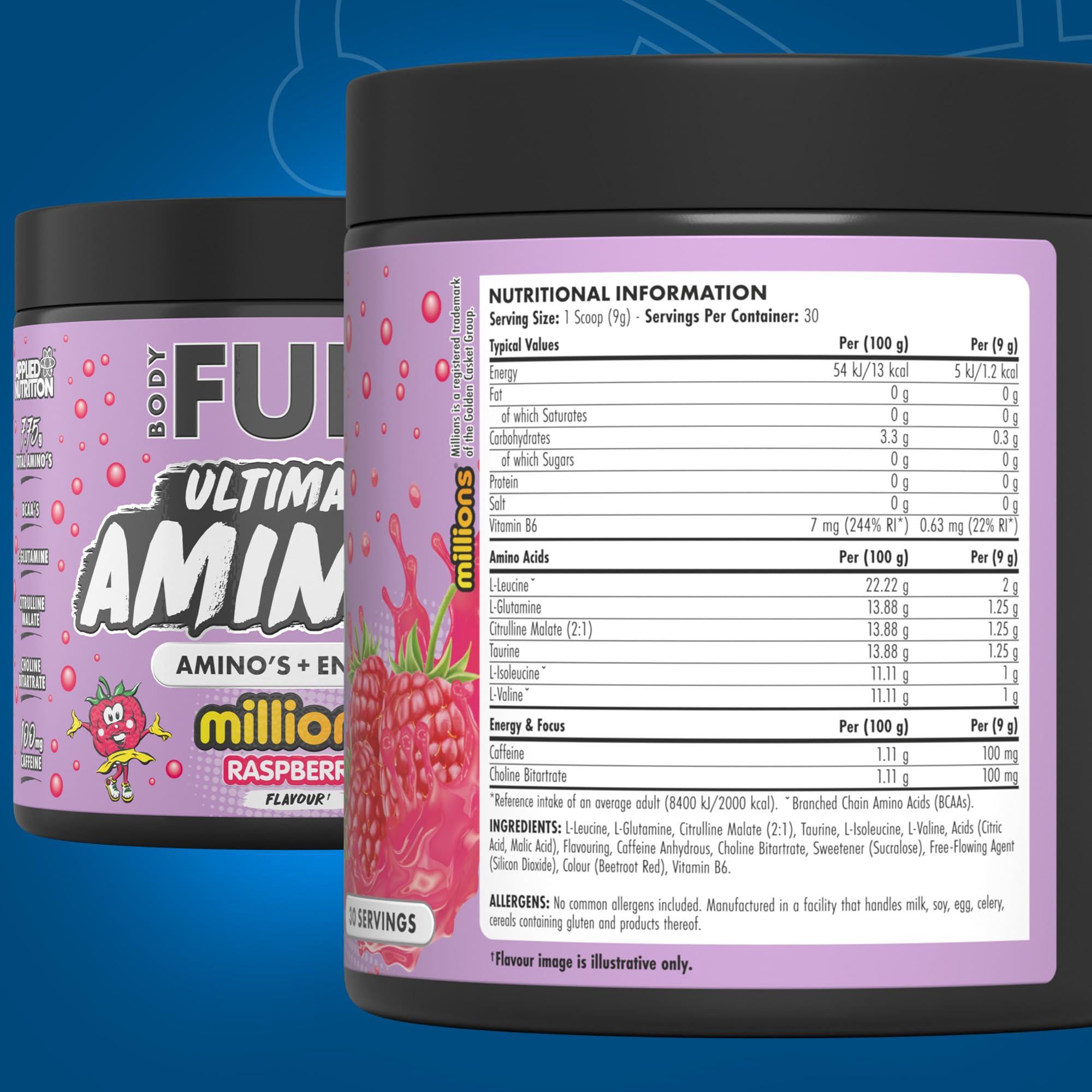 Applied Nutrition Applied Nutrition BodyFuel Amino's - Amino Acids Supplement, EAA Essential Amino Acids Powder, Muscle Fuel & Recovery (270g - 30 Servings) (Millions Raspberry)