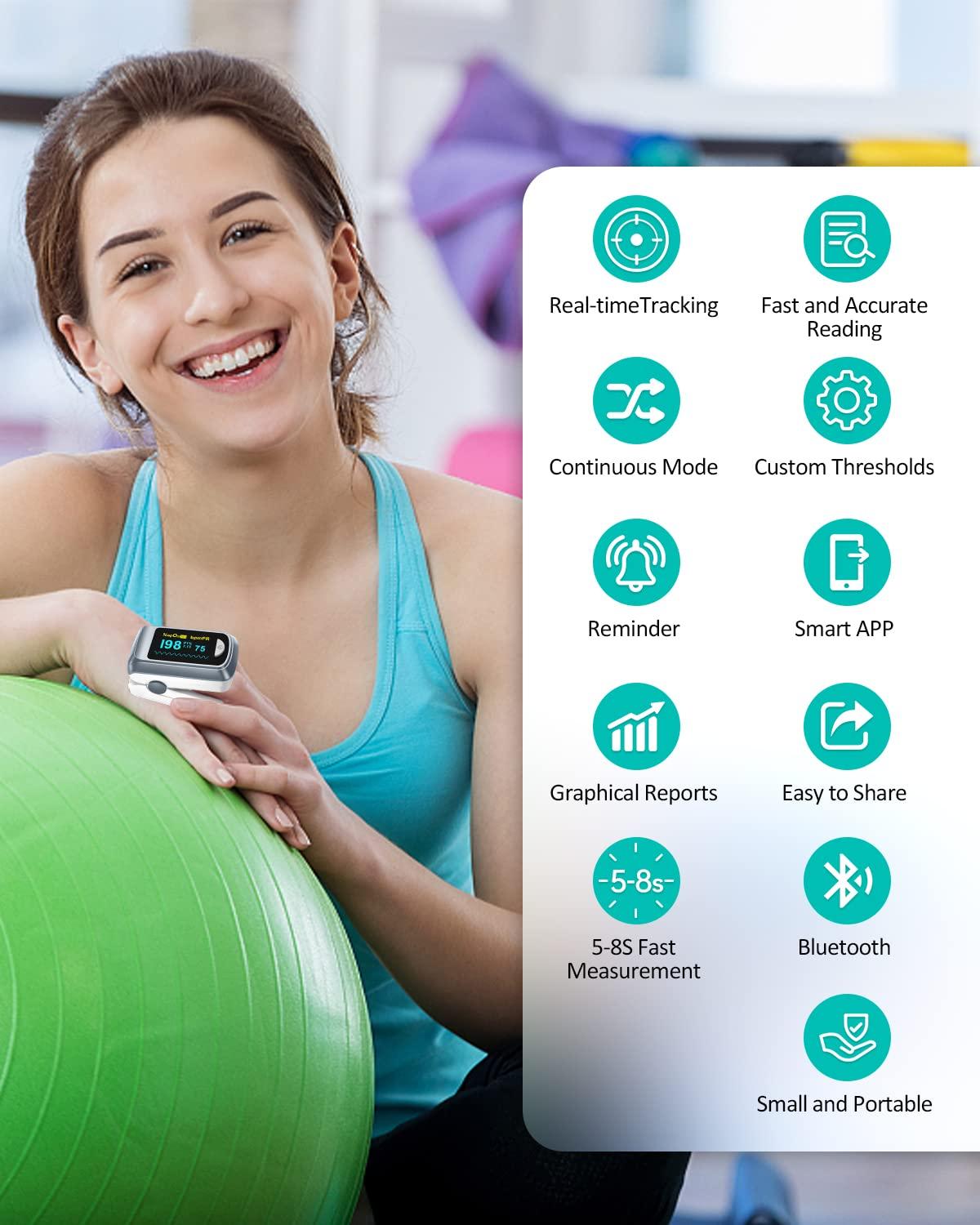 HealthTree Pulse Oximeter HealthTree Oxygen Monitor Fingertip, Bluetooth Pulse Ox with Free APP, O2 Pulse Oximeter Finger and Heart Rate Monitor, 2 X AAA Batteries, Lanyard