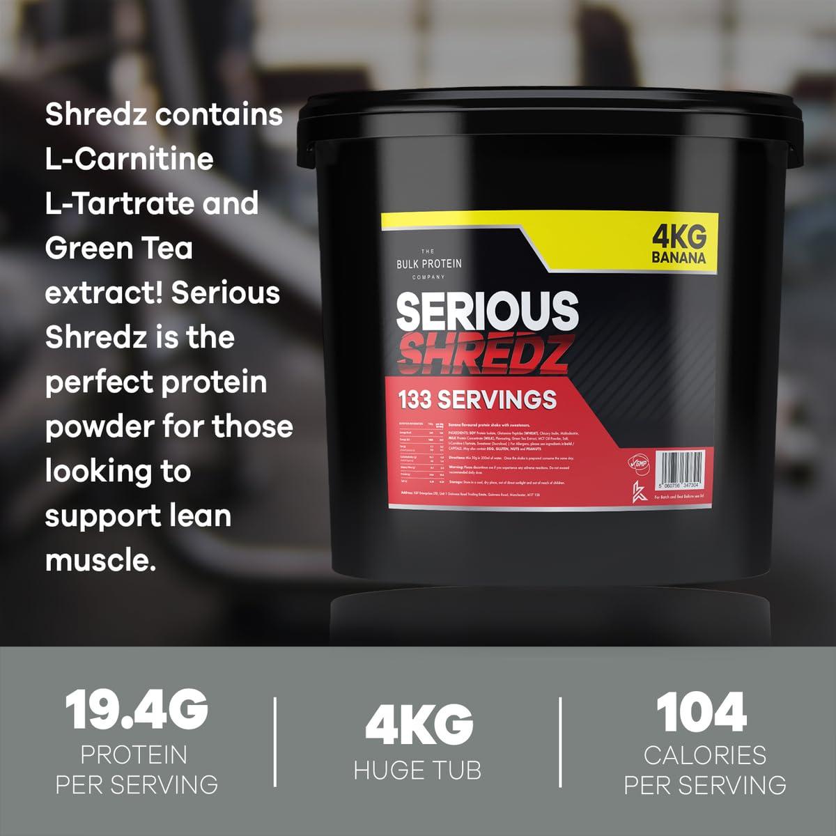 The Bulk Protein Company Serious Shredz 4kg Diet Whey Protein Powder Contains L-Carnitine L-Tartrate and Green Tea Extract Supports Lean Muscle Growth, 133 Servings The Bulk Protein Company (Banana)