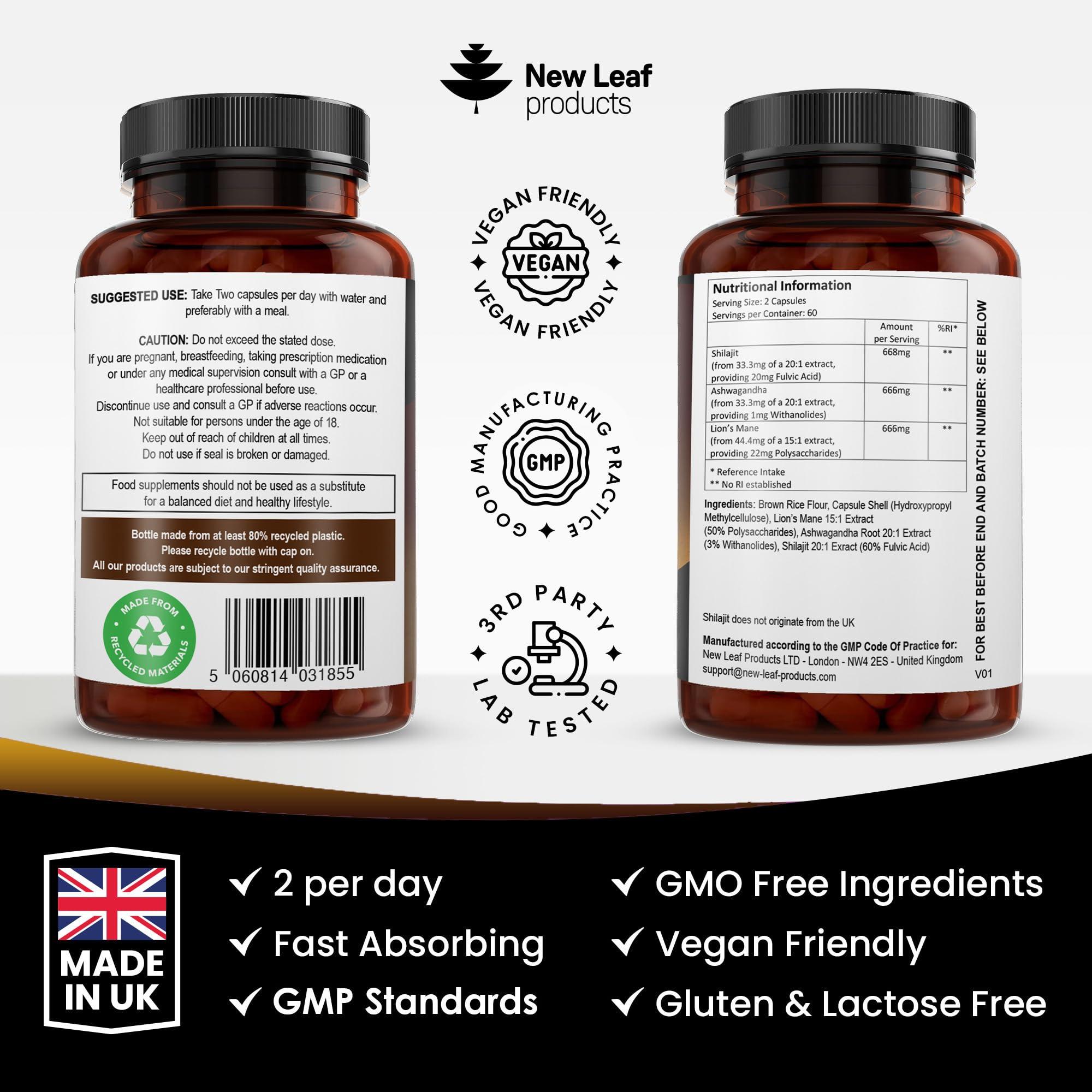 NEW LEAF PRODUCTS Shilajit Complex - Himilayan Shilajit enriched with Ashwagandha & Lions Mane, High Strength 2000mg Shilajit Complex Capsules with 60% Fulvic Acid - 2 Months Supply Made in The UK by New Leaf