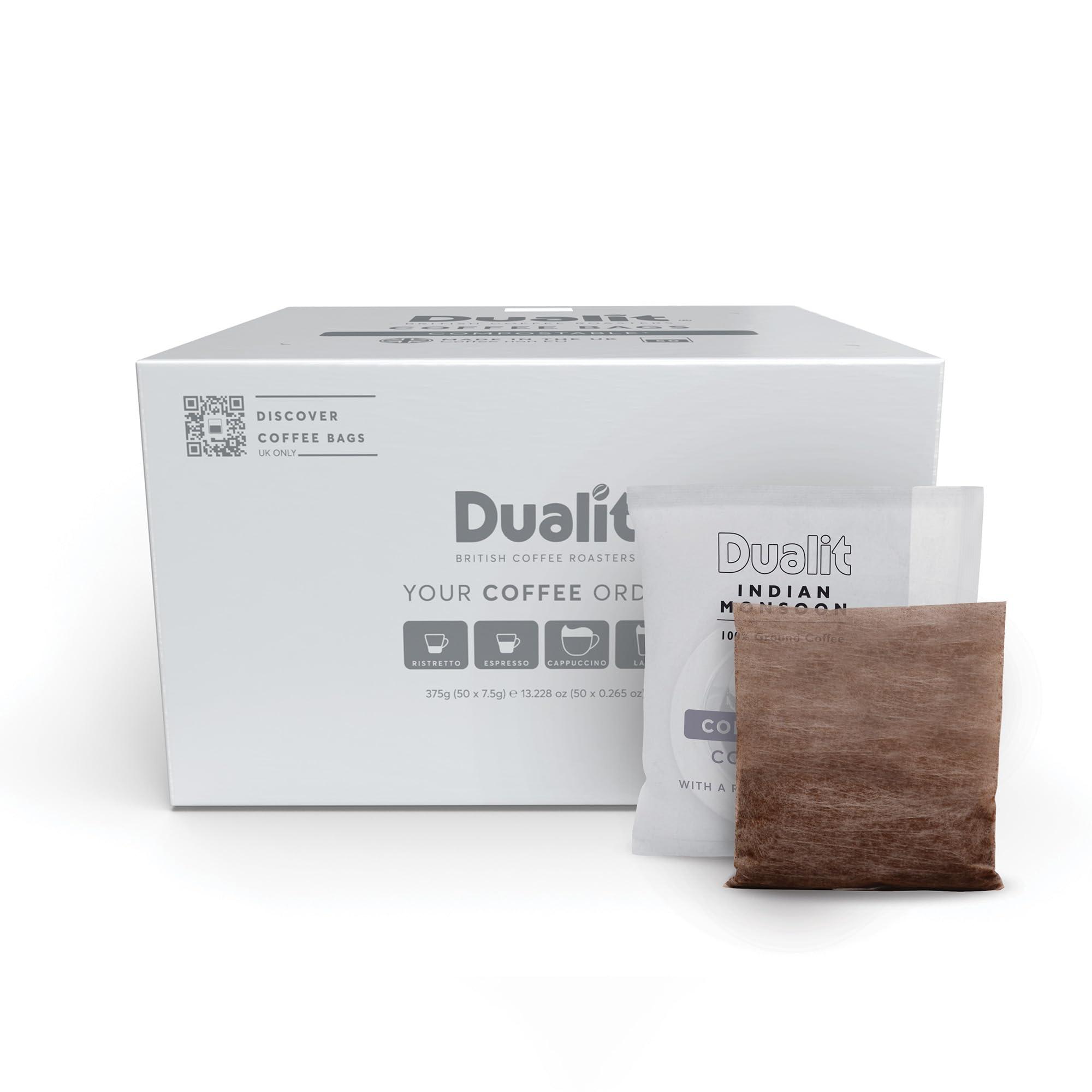 Dualit 50 Premium Indian Monsoon Coffee Bags by Dualit - Compostable Coffee Bag with Recyclable Sachet For Easy, Mess Free Coffee On The Go - Individually Wrapped for Freshness - Indian Monsoon