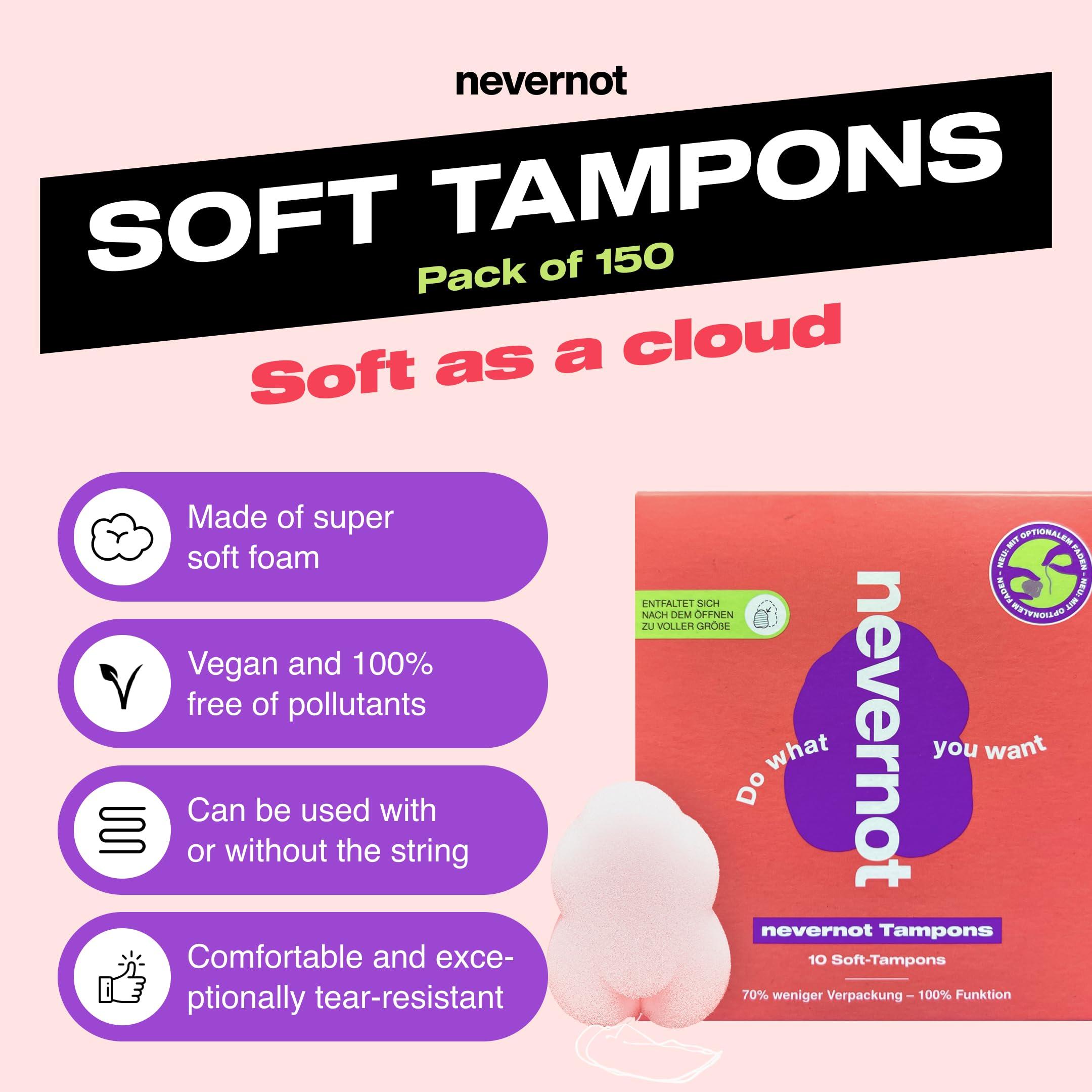 NeverNot nevernot Soft Tampons: Comfortable & Discreet Menstrual Sponge, Innovative Cloud Design with Optional Thread, Ideal for Sports, Swimming, Sauna, Pocket-Friendly and Easy to Remove, Pack of 150