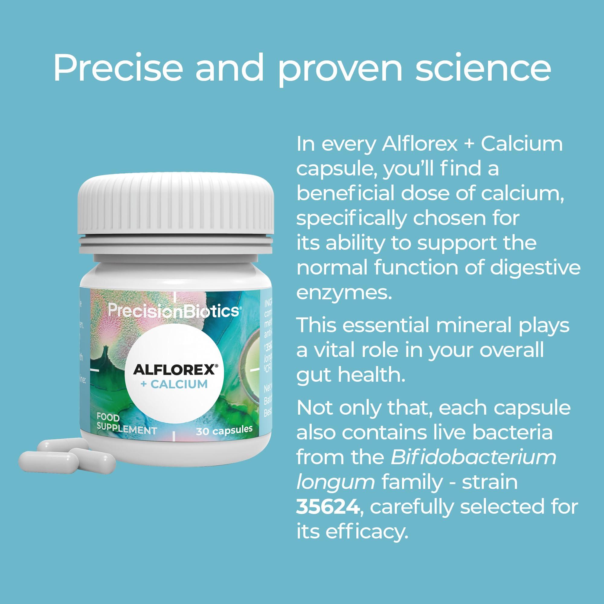 PrecisionBiotics Alflorex + Calcium 12 Week Plan - Daily Gut Health Probiotics Supplement with Unique Bifidobacterium Longum Bacteria Strain 35624 + Calcium - Bacterial Cultures - 90 Capsules