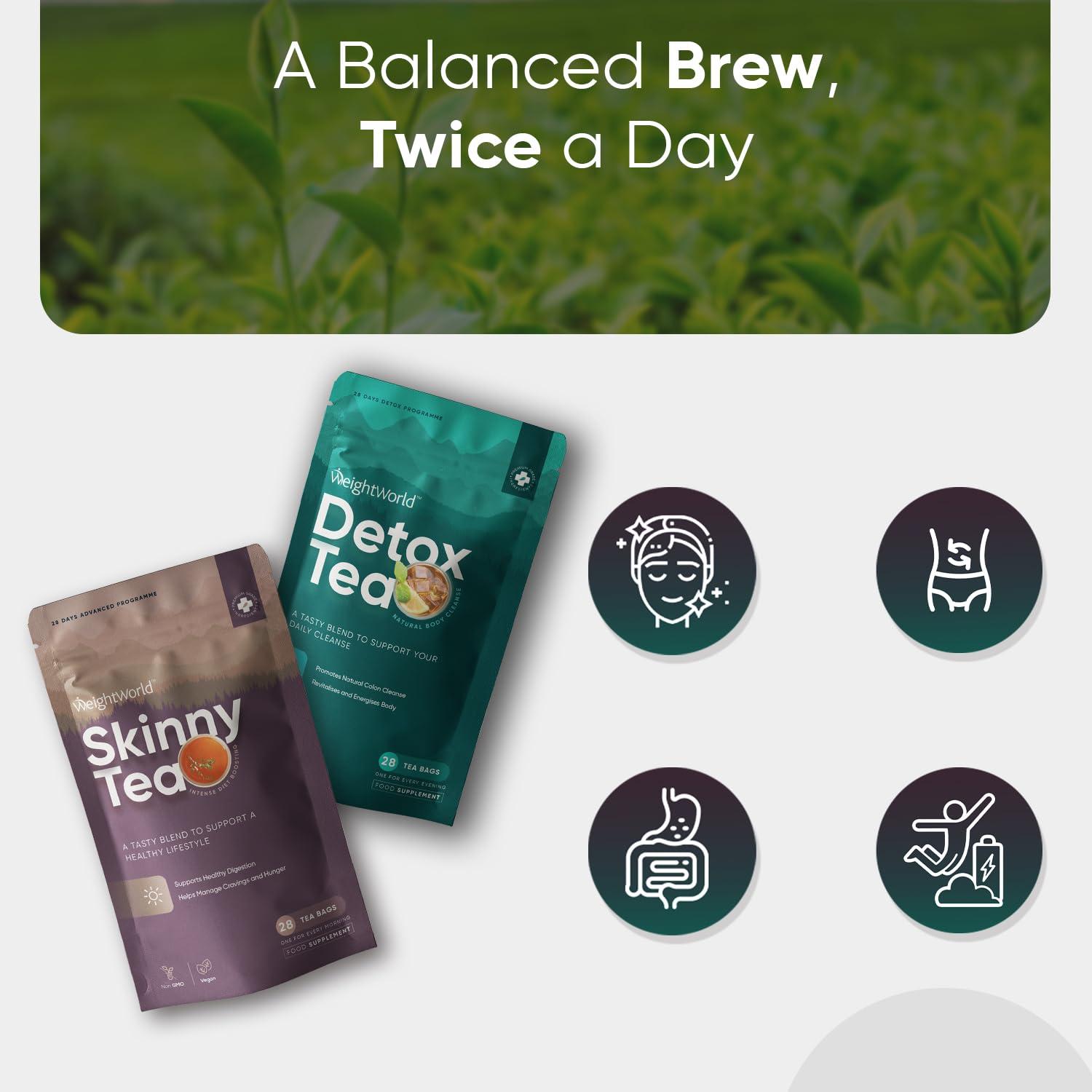 WeightWorld Skinny & Detox Tea Combo | Green Tea, Spearmint, Dandelion Root, Ginger, Lemongrass, Moringa & Oolong | For Morning & Night Routines | 56 Bags | 28 Days Programme | Zero-Calorie Herbal Blend