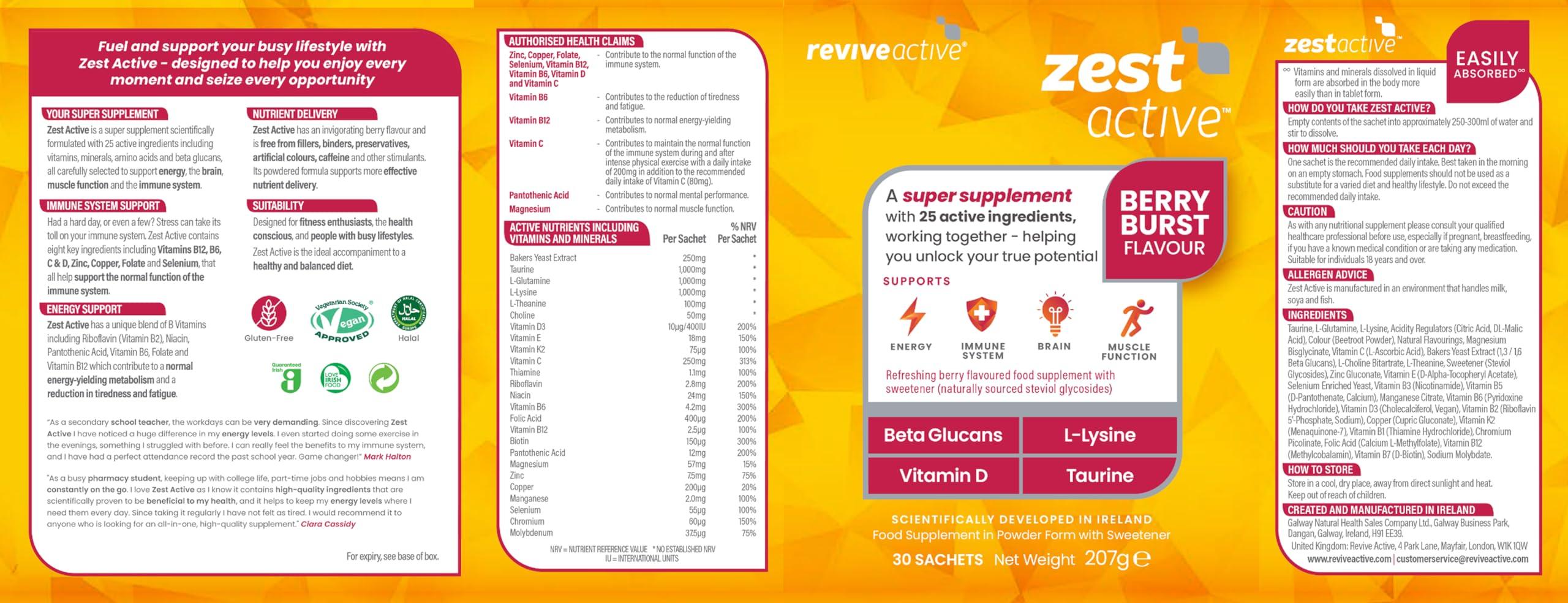 Revive Active Zest Active Super Supplement by Revive Active - Advanced 25 Ingredients in One Daily Sachet - Everyday Boost Supports Energy, Immune System, Brain & Muscle Function - 30 Day Supply