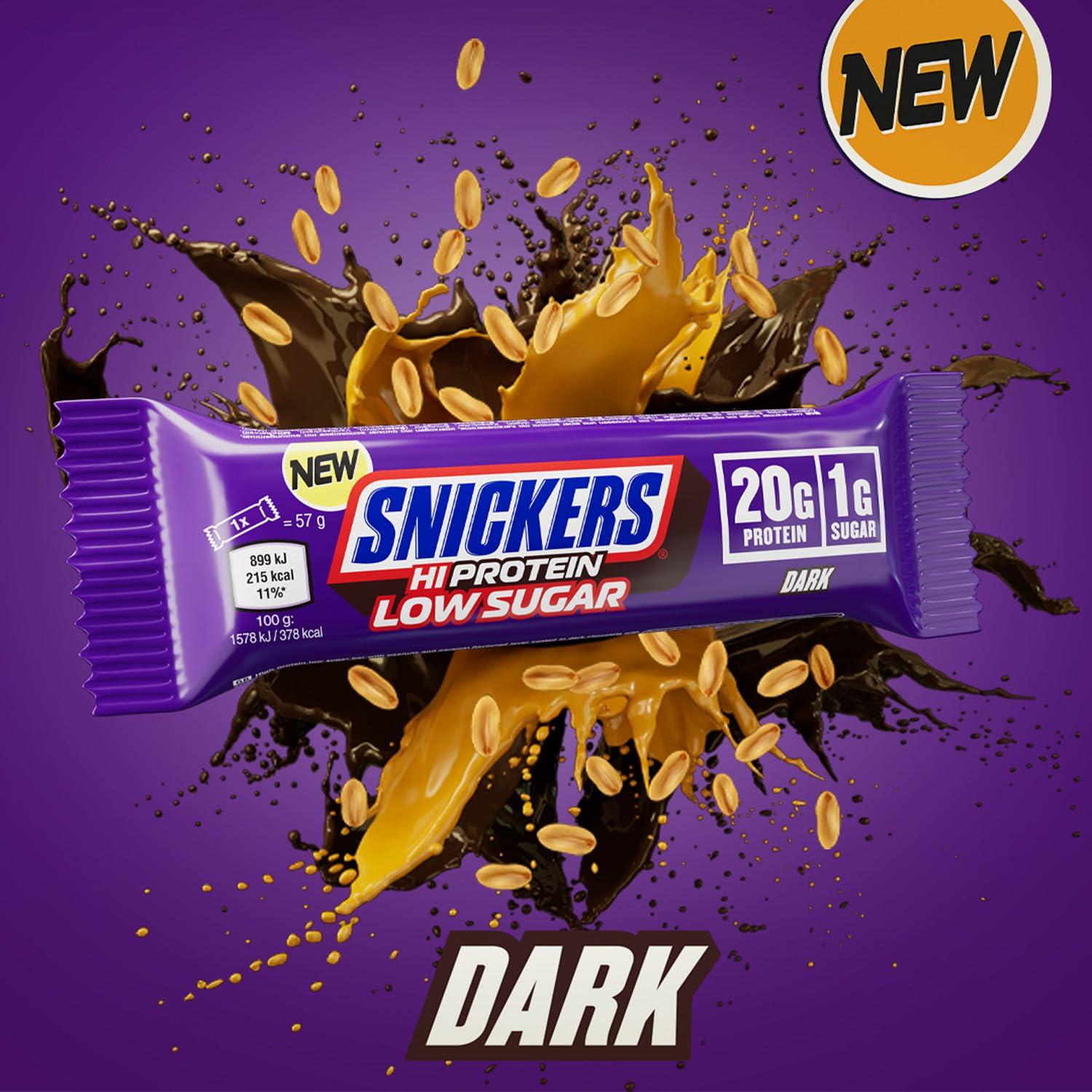 Snickers Snickers HI Protein, Low Sugar Bars, Only 1g of Sugar per bar - Dark Chocolate, 12 x 57g Box, 20g Protein
