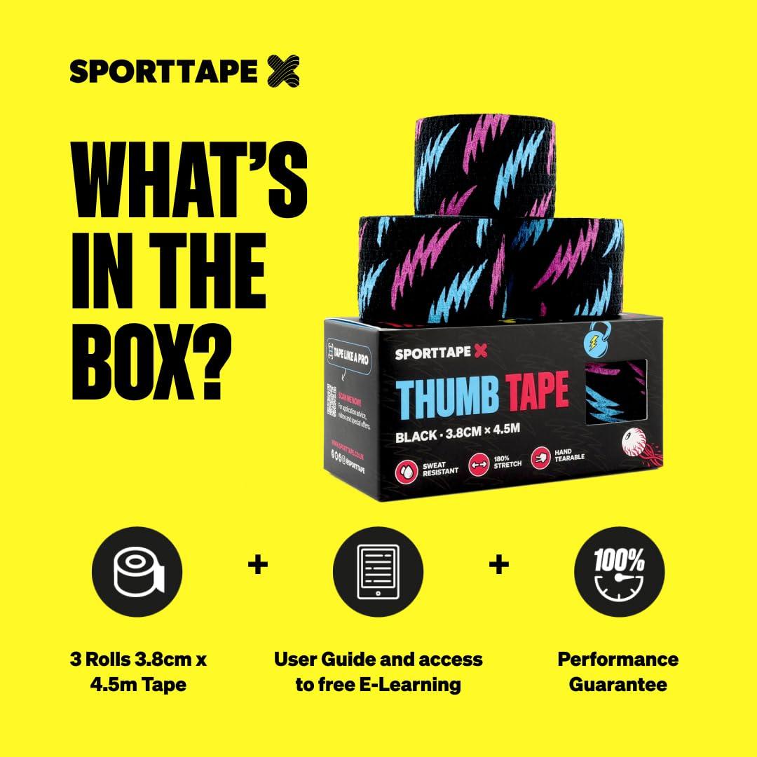 SPORTTAPE SPORTTAPE 3 Rolls Weightlifting Thumb Tape - Punk | CrossFit Tape with Sweatproof Adhesive | Easy Tear Grip Tape | Weightlifting Tape for Hook Grip, Olympic Lifting & Powerlifting - 3.8cm x 4.5m