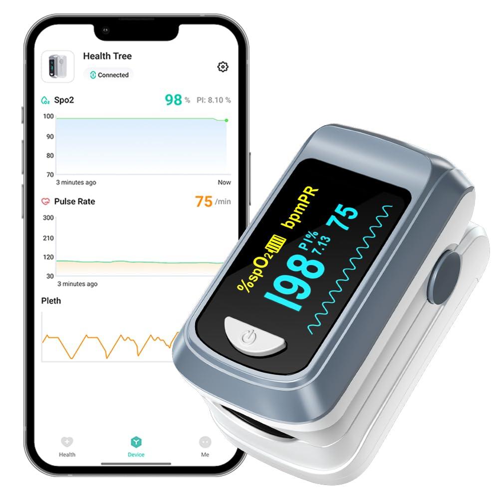 HealthTree Pulse Oximeter HealthTree Oxygen Monitor Fingertip, Bluetooth Pulse Ox with Free APP, O2 Pulse Oximeter Finger and Heart Rate Monitor, 2 X AAA Batteries, Lanyard