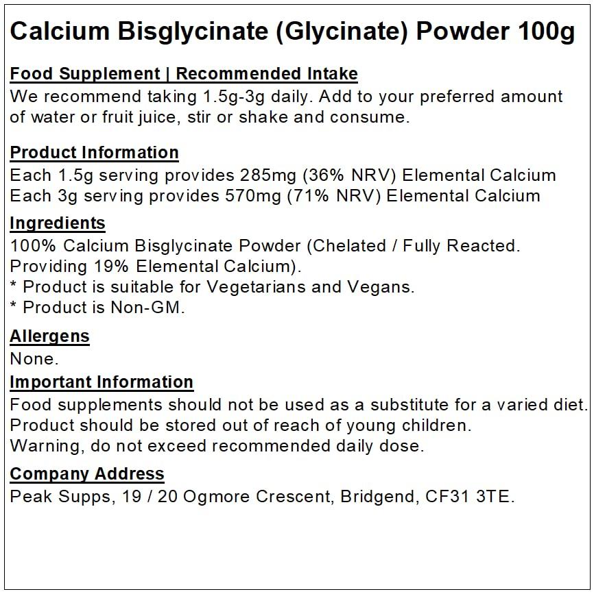 Peak Supps Calcium Bisglycinate Powder - 100g - Chelated - Bone Support