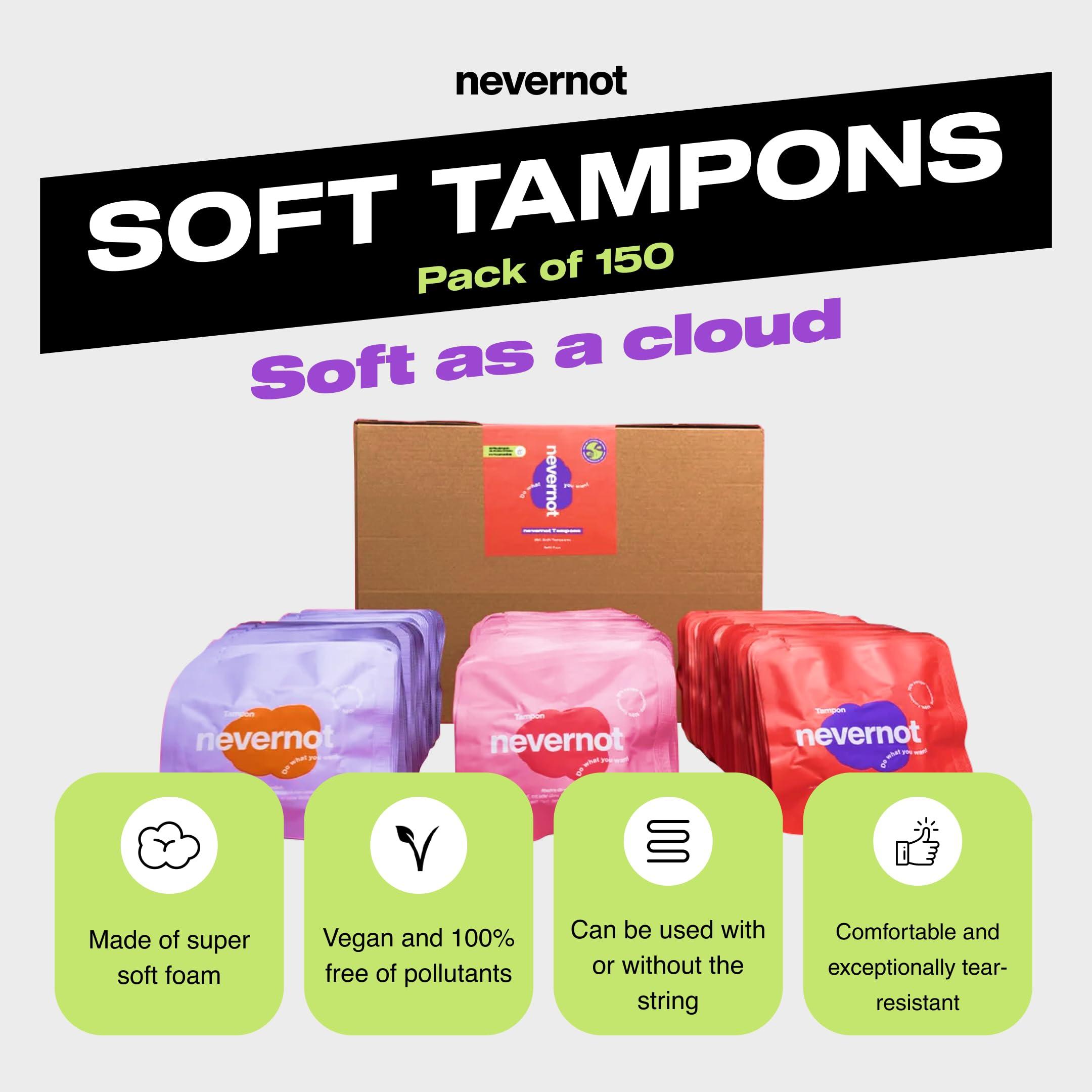 NeverNot nevernot Soft Tampons: Comfortable & Discreet Menstrual Sponge, Innovative Cloud Design with Optional Thread, Ideal for Sports, Swimming, Sauna, Pocket-Friendly and Easy to Remove, Pack of 150