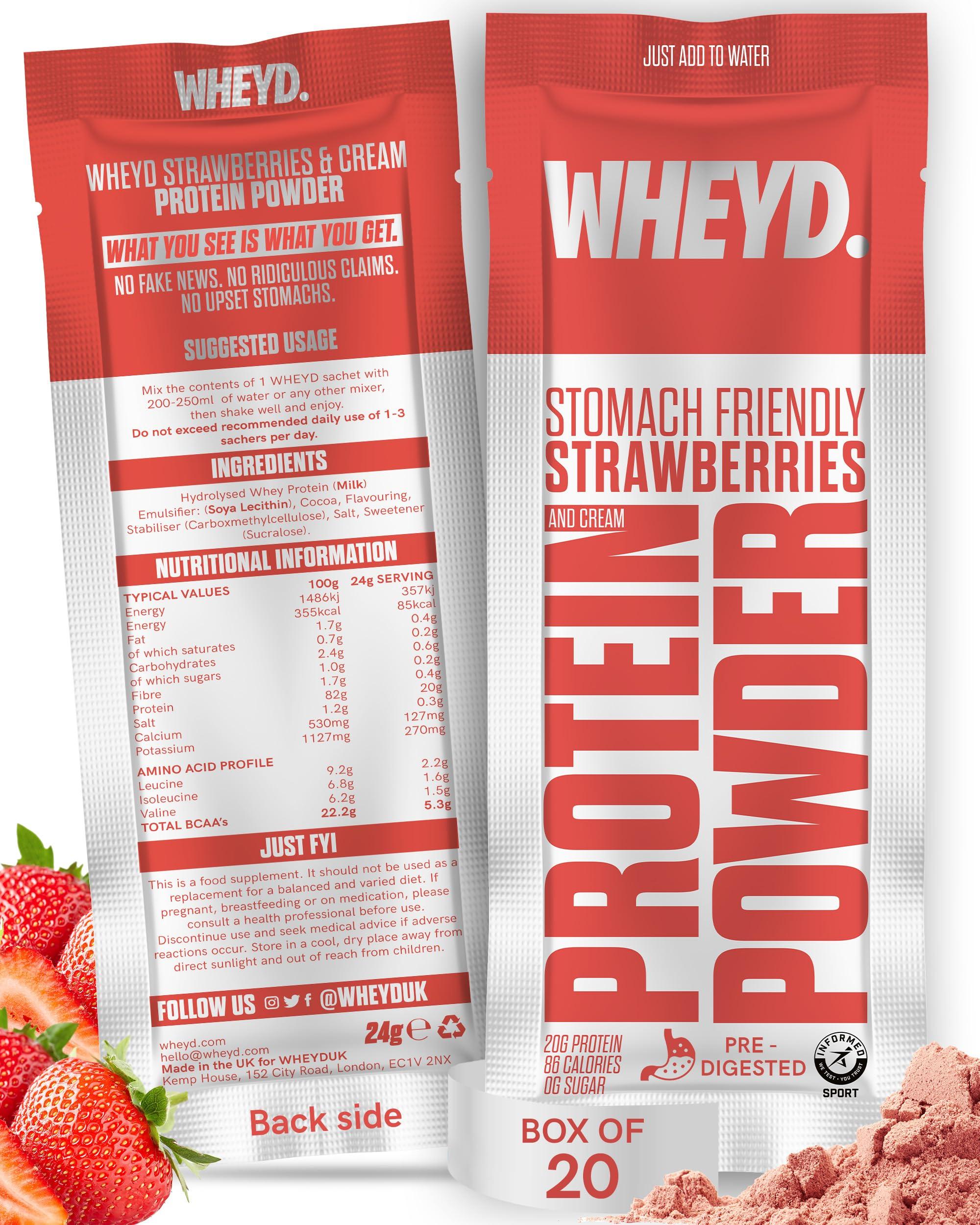 whey\'d WHEYD Hydrolysed Whey Protein Isolate - Grass-Fed, Low Calorie Whey Protein Powder - Made from Premium Irish Dairy, Low Lactose, No Digestive Issues - 24g Sachets, Box of 20, Strawberries & Cream