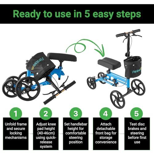 PANLOVA Adjustable Medical Folding Steerable Leg Knee Walker Scooter with Front bag-9251B