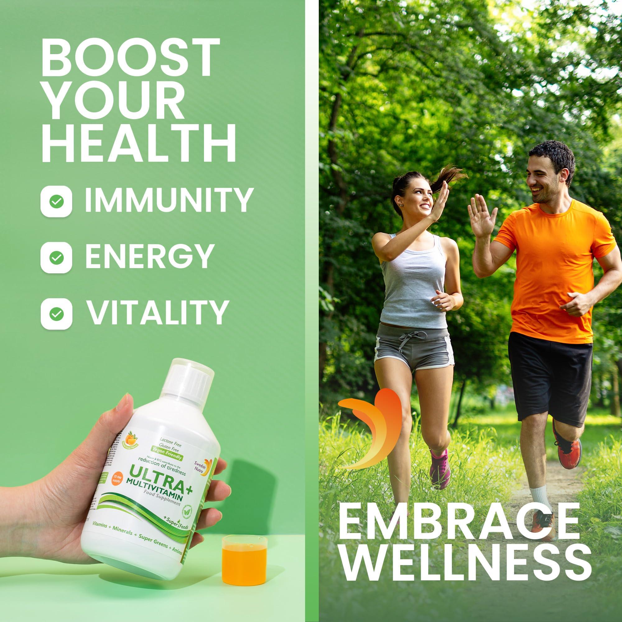 Swedish Nutra Swedish Nutra - Ultra+ Multivitamin Liquid Food Supplement - Pack of 500 ml, 33 Day Supply | Packed with Vitamins, Minerals, Super Greens and Aminos to Boost Energy & Immunity I Natural Orange Flavour