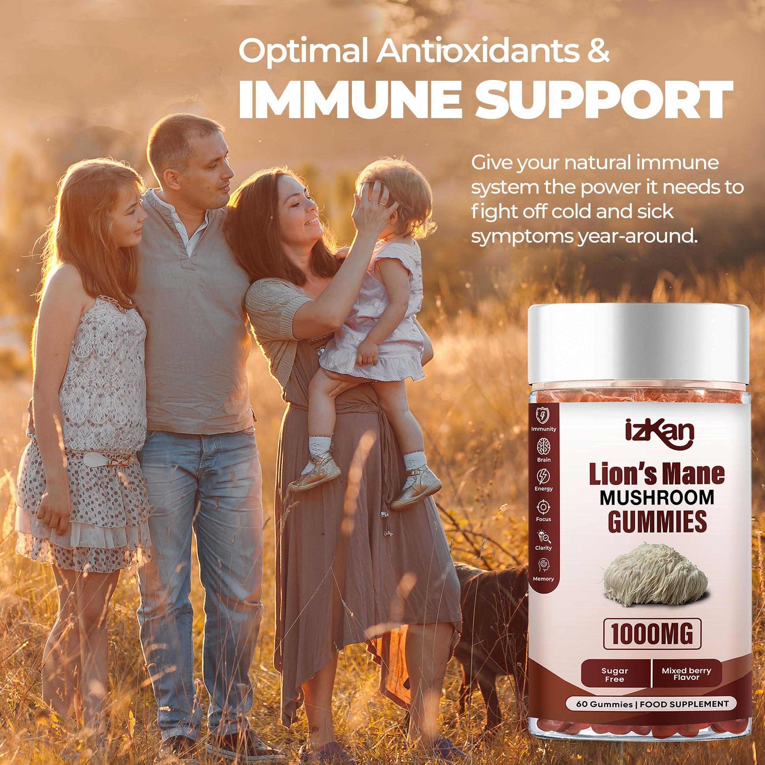 Izkan Mushroom Gummies 1000mg - Lion Mane Mushroom Gummies Supplement Promotes Focus, Memory, and Mood - 60 Count (Mixed Berry Flavor, Halal, Gluten-Free, Vegan) (2)
