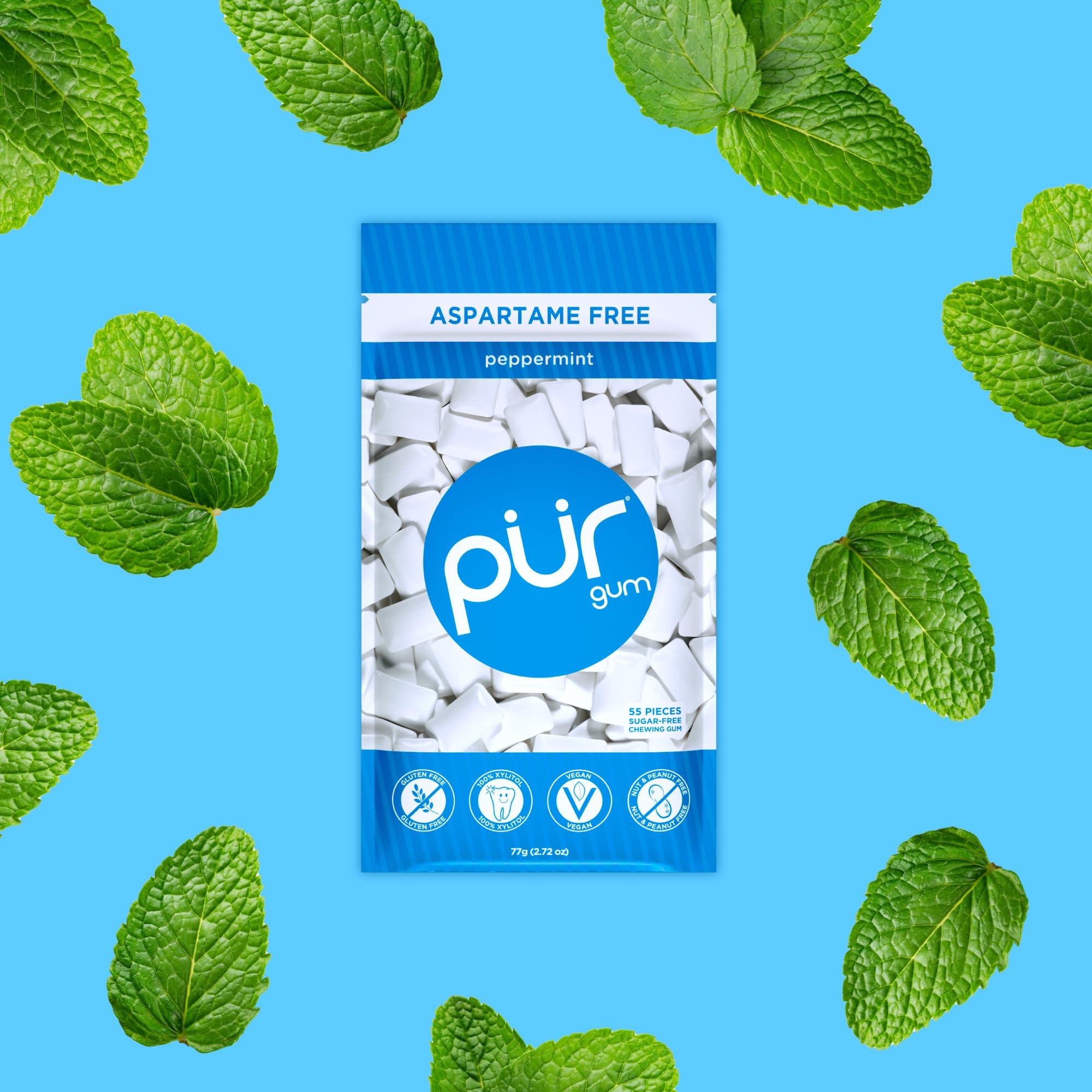 PUR PUR Gum | Sugar Free Chewing Gum | Made with Xylitol | Vegan, Aspartame Free, Gluten Free and Keto Friendly | Natural Peppermint Flavoured Gum, 55 Pieces (Pack of 6)