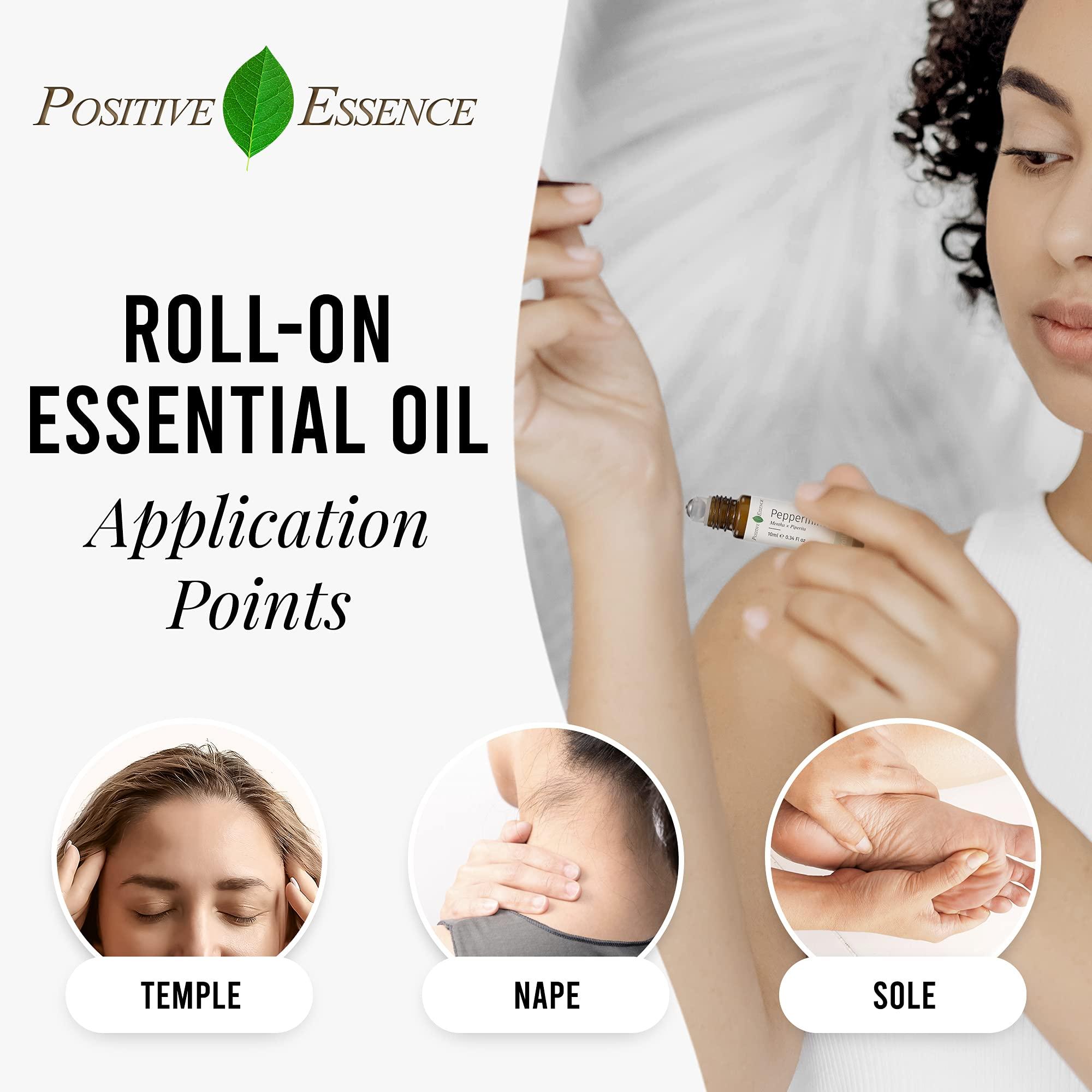 Positive Essence Peppermint Essential Oil Roll On, Calming, Headache, Tension and Stress Relief, Pure Peppermint Essential Oil and Jojoba Oil for Skin Nourishment, Leak-Proof Metal Rollerball, Travel Roll-on (15mL)