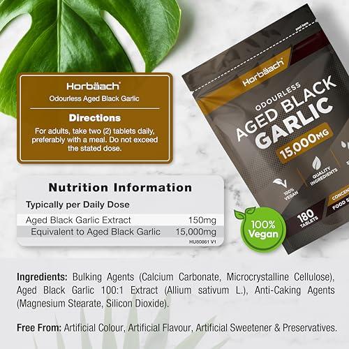 Horbach Black Garlic Tablets 15000mg | 180 Count | High Strength Odourless Concentrated Garlic Extract | Aged Black Garlic Vegan Supplement | by Horbaach