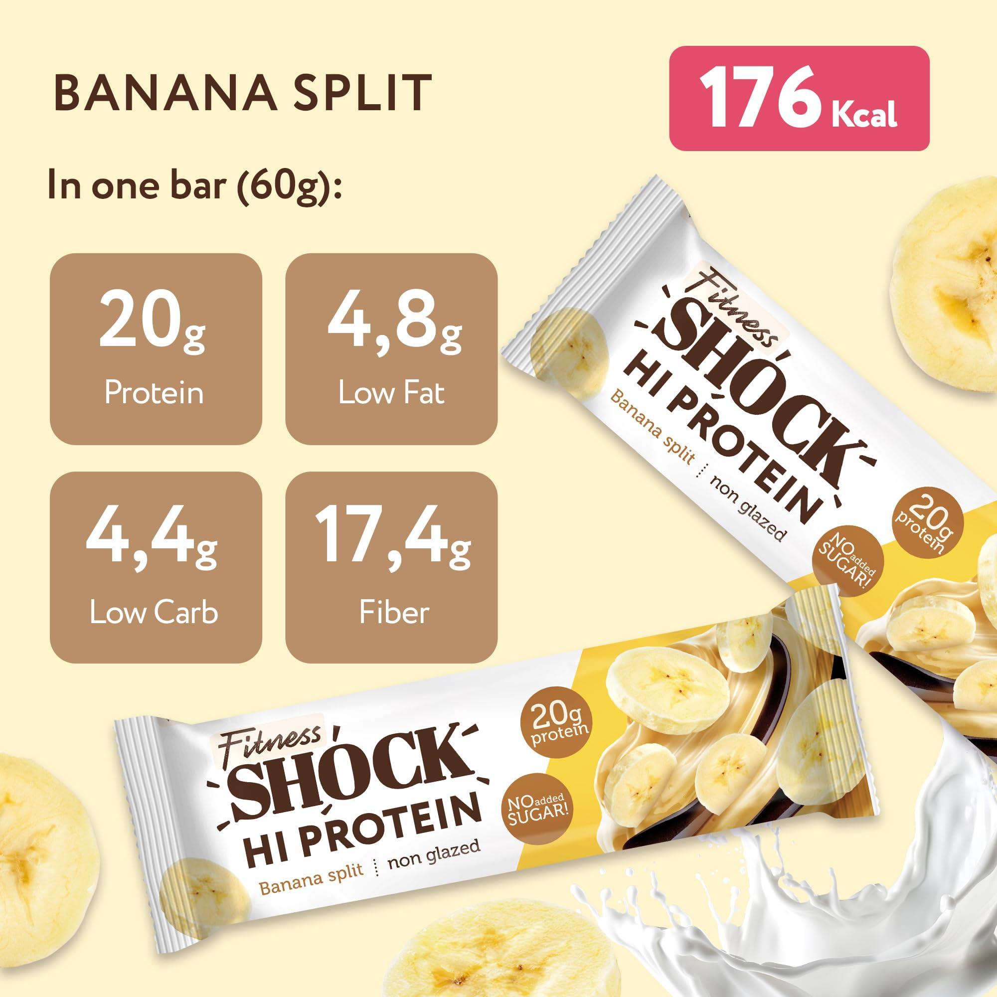 FitnesSHOCK FitnesSHOCK High Protein Bars - High 20G Protein Content Protein Bar With No Added Sugar, Low Calorie Low Carb High Fibre, Banana Split Flavour 12Pcs 60G