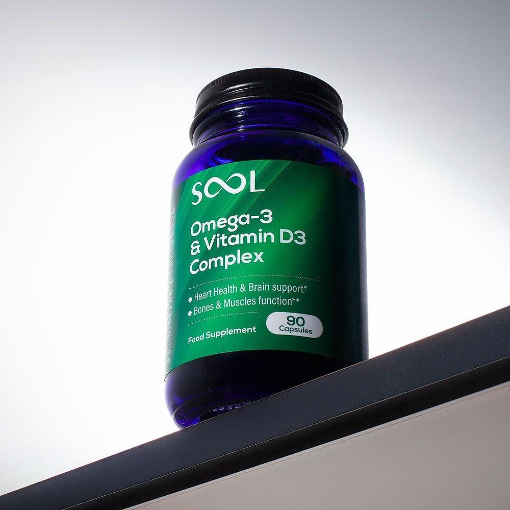 SOOL SOOL Omega-3 & Vitamin D3 Complex Soft Gels, 90 Capsules I 20% EPA & 50% DHA I Two-a-Day Omega-3 Supplement I Vitamin D3 2000IU per Serving I High Absorption Formula I Brain Function & Mental Clarity