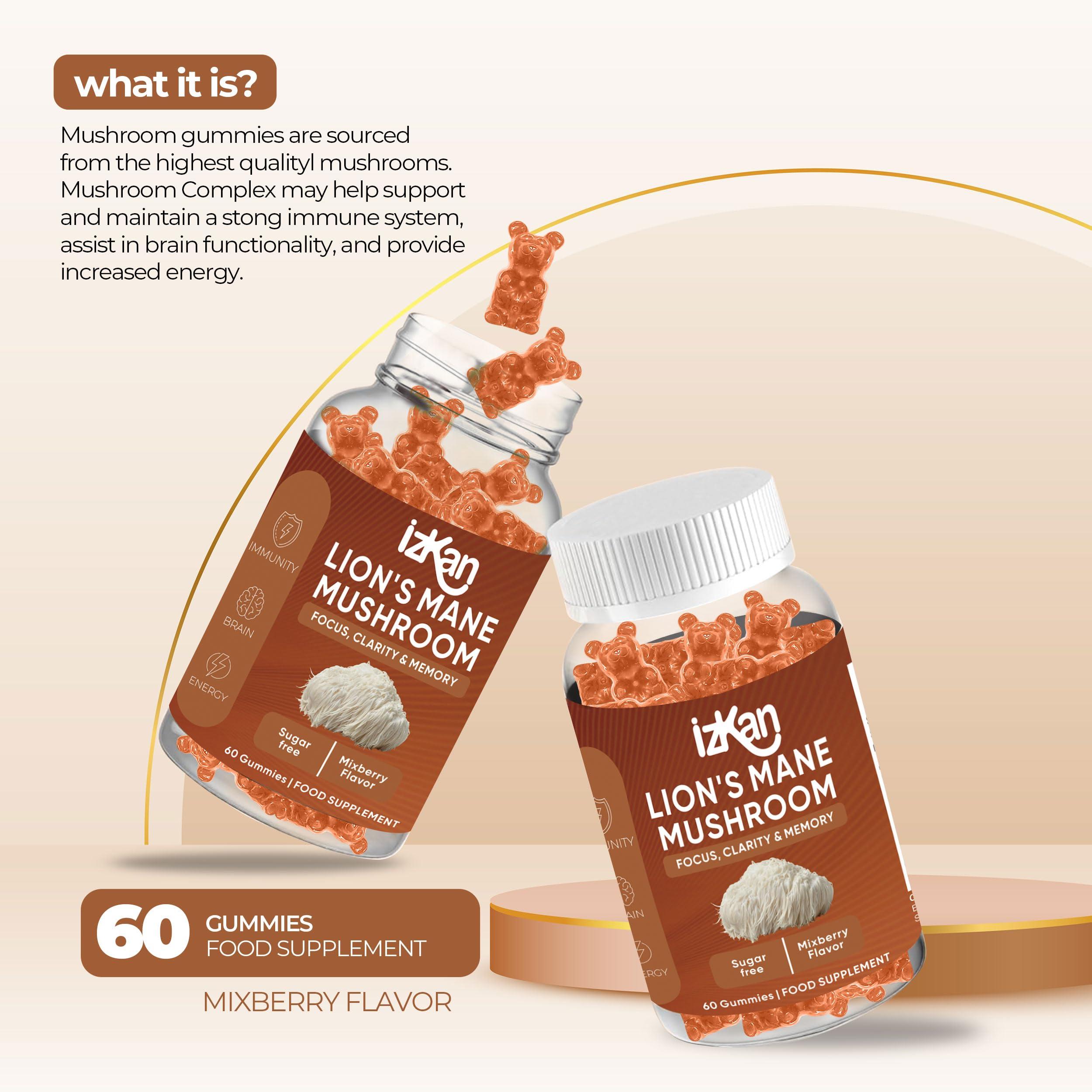 Izkan Mushroom Gummies 1000mg - Lion Mane Mushroom Gummies Supplement Promotes Focus, Memory, and Mood - 60 Count (Mixed Berry Flavor, Halal, Gluten-Free, Vegan) (2)