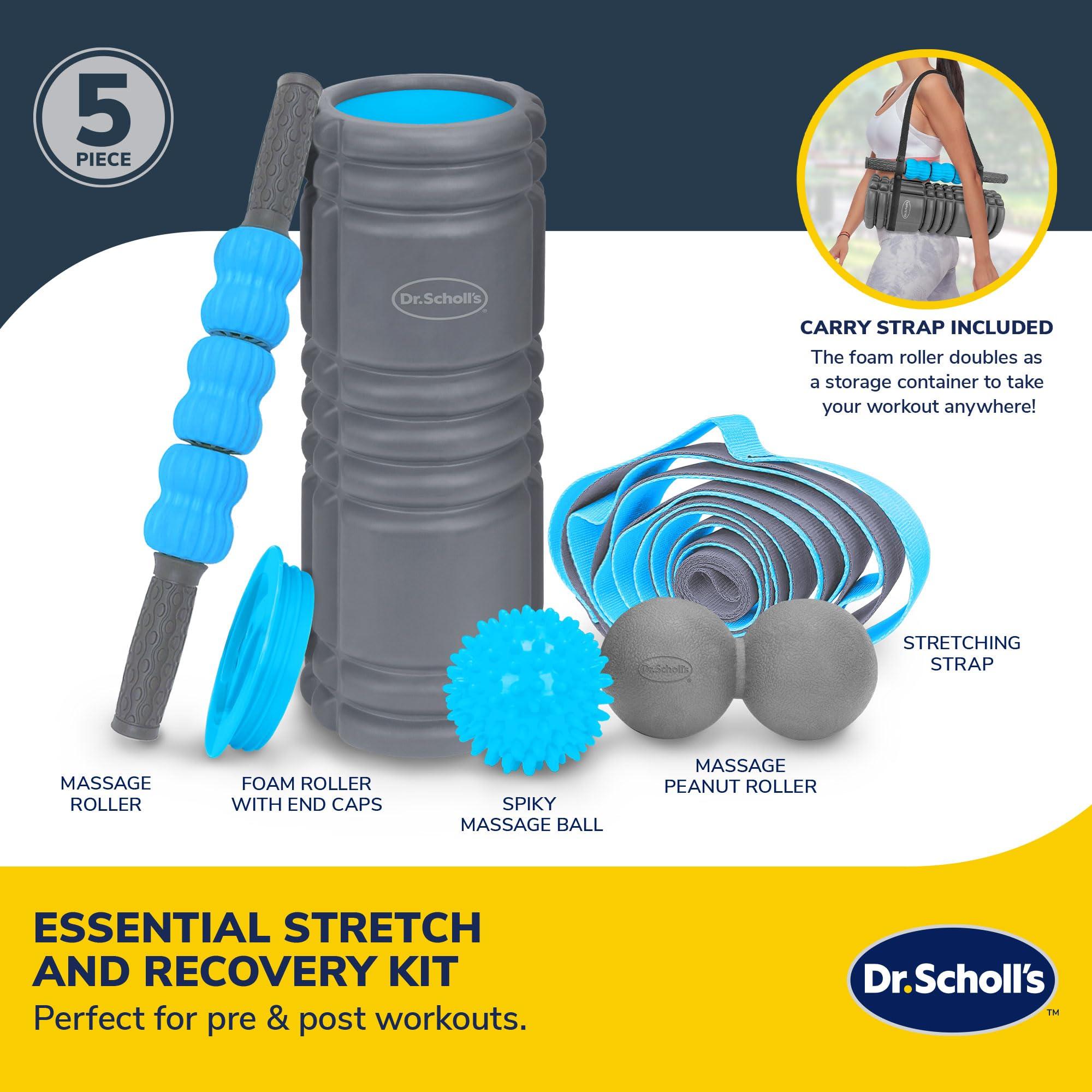 Dr. Scholl\'s Dr. Scholl\'s 5-in-1 Stretch and Recovery Massager Set, Includes Hollow Core Massage Roller with End Caps, Muscle Roller Stick, Stretching Strap, Double Lacrosse Peanut, and Plantar Fascia Relief Ball
