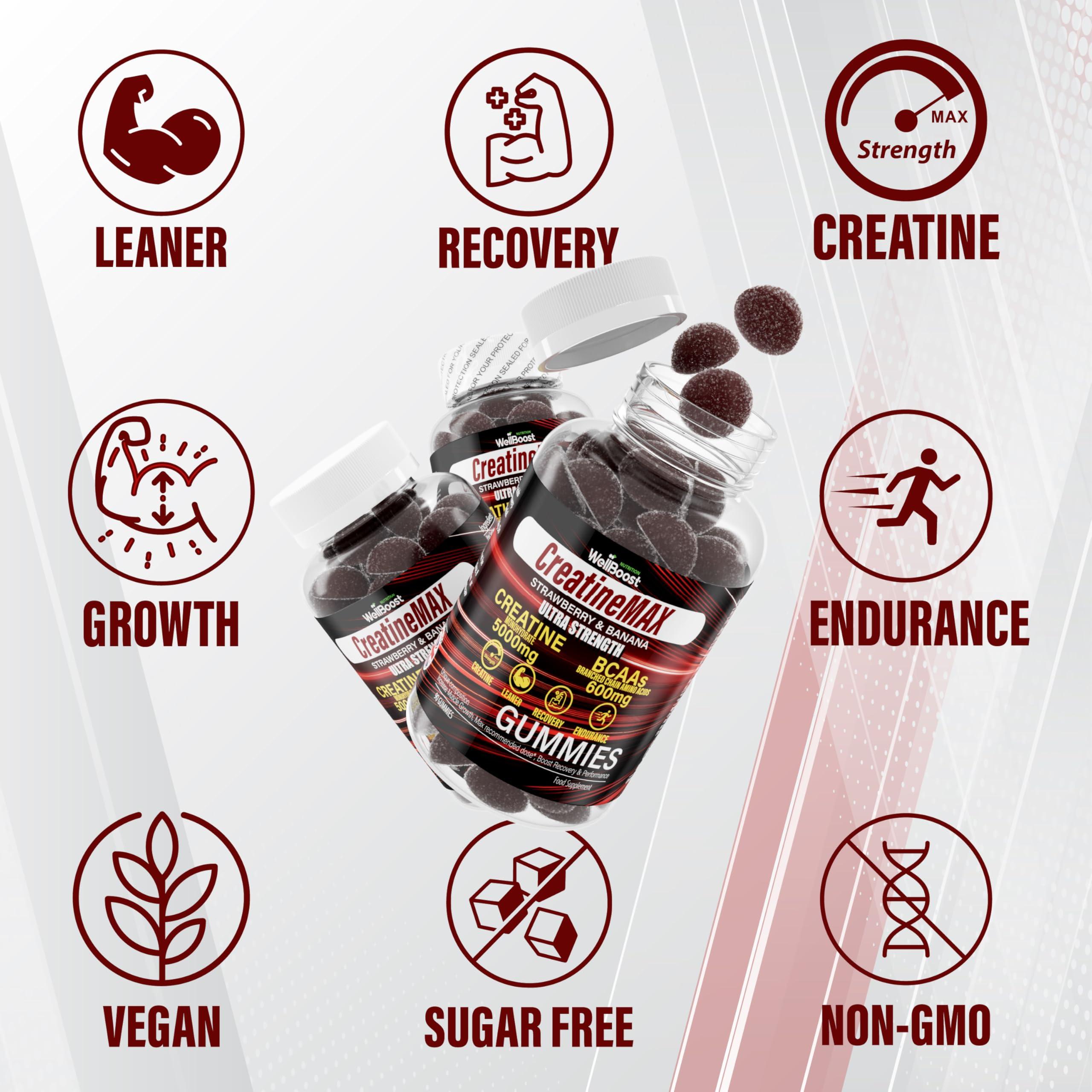 WellBoost WellBoost Creatine MAX Gummies - 5000mg Creatine Monohydrate & 600mg BCAAs per Serving - Vegan, Sugar-Free Chewable Gummies with Strawberry & Banana Flavour - 90 Gummies (1 Month Supply)
