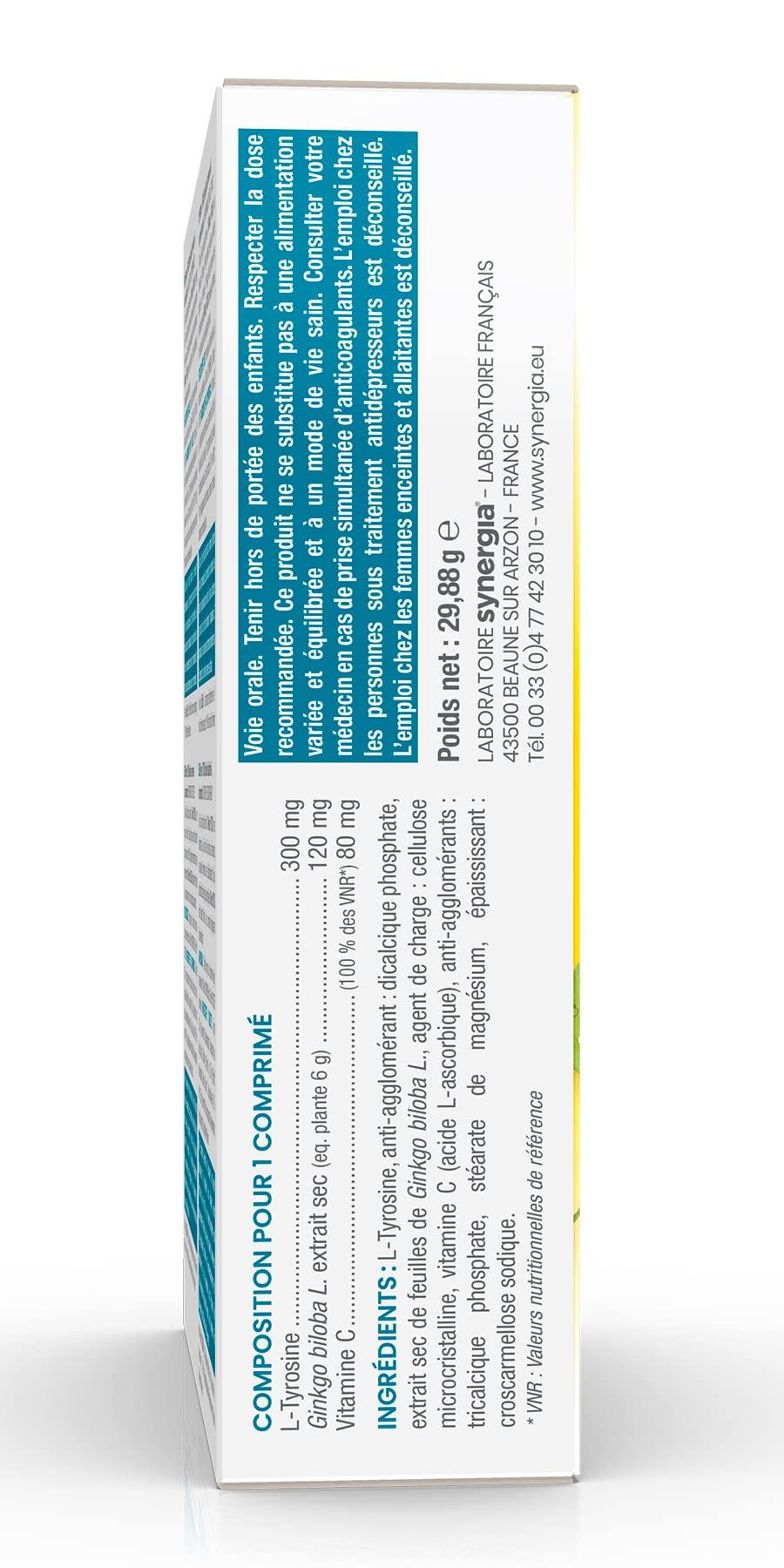 Synergia D-STRESS FOCUS 30 tablets | L-Tyrosine, Ginkgo biloba and Vitamin C | Stimulates memory and concentration | Vegan, Gluten free, Soy free, GMO free | Origin France | Laboratoire SYNERGIA