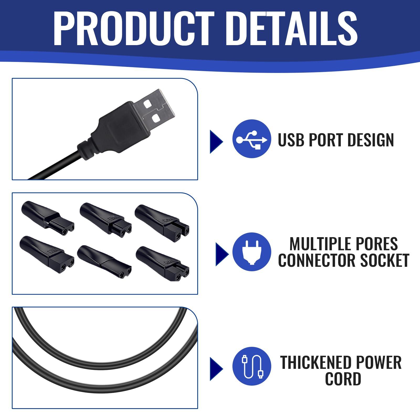 FreshCart Basics Shaver Charger Cable Kit Electric Razor USB Replacement Power Lead with 6 Charging Cord Heads One Blade Beard Trimmer Adapter Cord Compatible with Philips, Whal Clipper, Kemei, Babybliss and More
