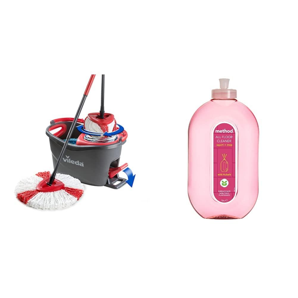 Vileda Vileda Turbo Microfibre Mop and Bucket Set, Spin Mop for Cleaning Floors, Set of 1x Mop and 1x Bucket, Eco Packaging & Method Floor Cleaner, Wild Rhubarb, 739 ml