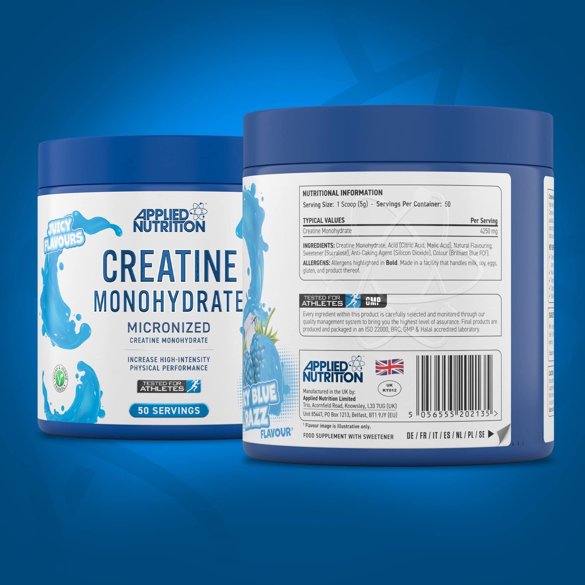 Applied Nutrition Applied Nutrition Creatine + 700ml Shaker | Creatine Monohydrate Micronized Powder with Flavour, Increases High-Intensity Physical Performance (250g - 50 Servings) (ICY Blue Razz)