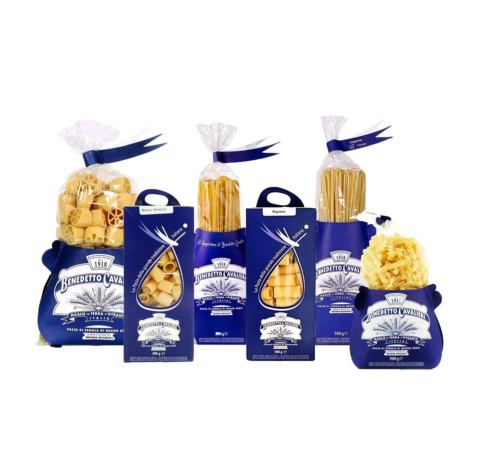 Pasta Pasta Pasta CAVALIERI Box Tasting Pasta 3.0 KG: SPAGHETTONI - RUOTE PAZZE - RIGATONI - MEZZE Maniche - LINGUINE - FUSILLI Handmade Product Made in Italy