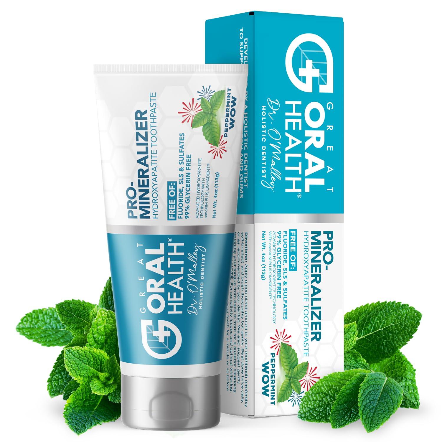 Great Oral Health Pro-Mineralizer Toothpaste Peppermint - Nano Hydroxyapatite & Enamel Support Toothpaste w/Xylitol Aloe Vera & Sea Salt - Anti Cavity Fluoride Free NanoHydroxyapatite Toothpaste - Dentist Formulated