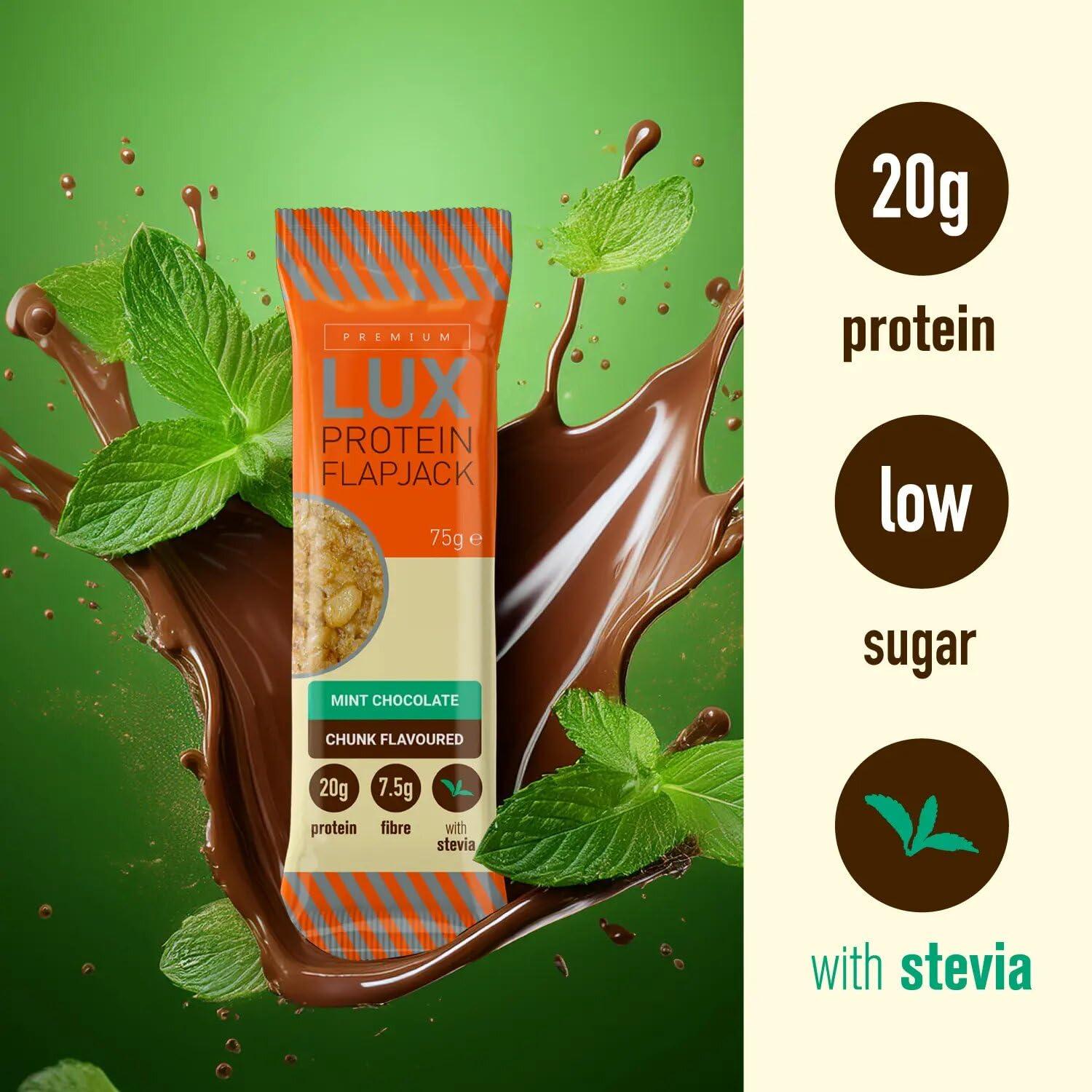 Bodybuilding Warehouse Premium LUX Protein Flapjack Bars - High Protein, Low Sugar Snack Bodybuilding Warehouse - Mint Chocolate Chunk (24 x 75g)