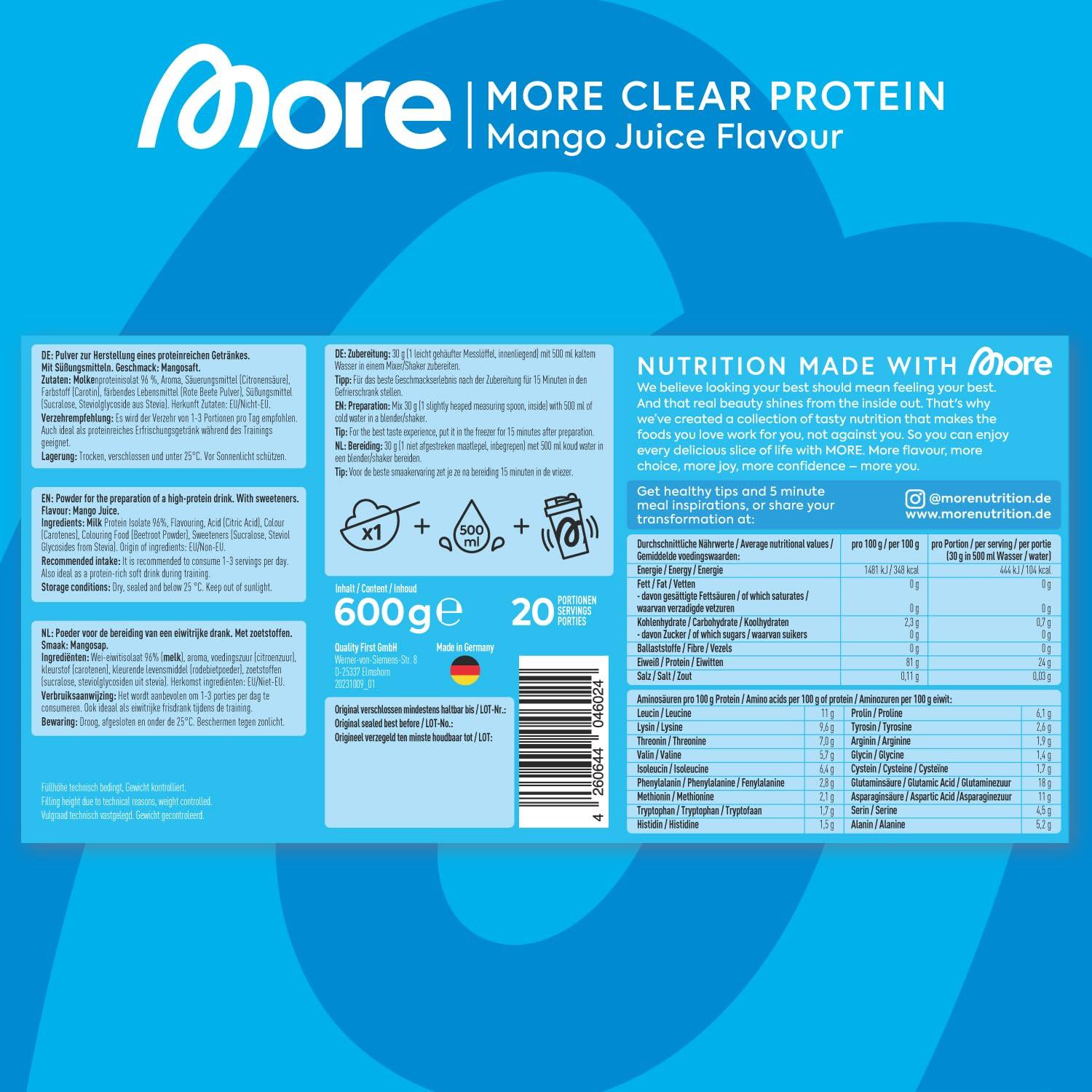 MORE NUTRITION MORE NUTRITION Clear Protein Whey Isolate Powder, Mango Juice, 600 g, 1.32 lbs, 20 Servings Clear Whey - Lactose Free - Muscle Building and Recovery Powder Made in Germany