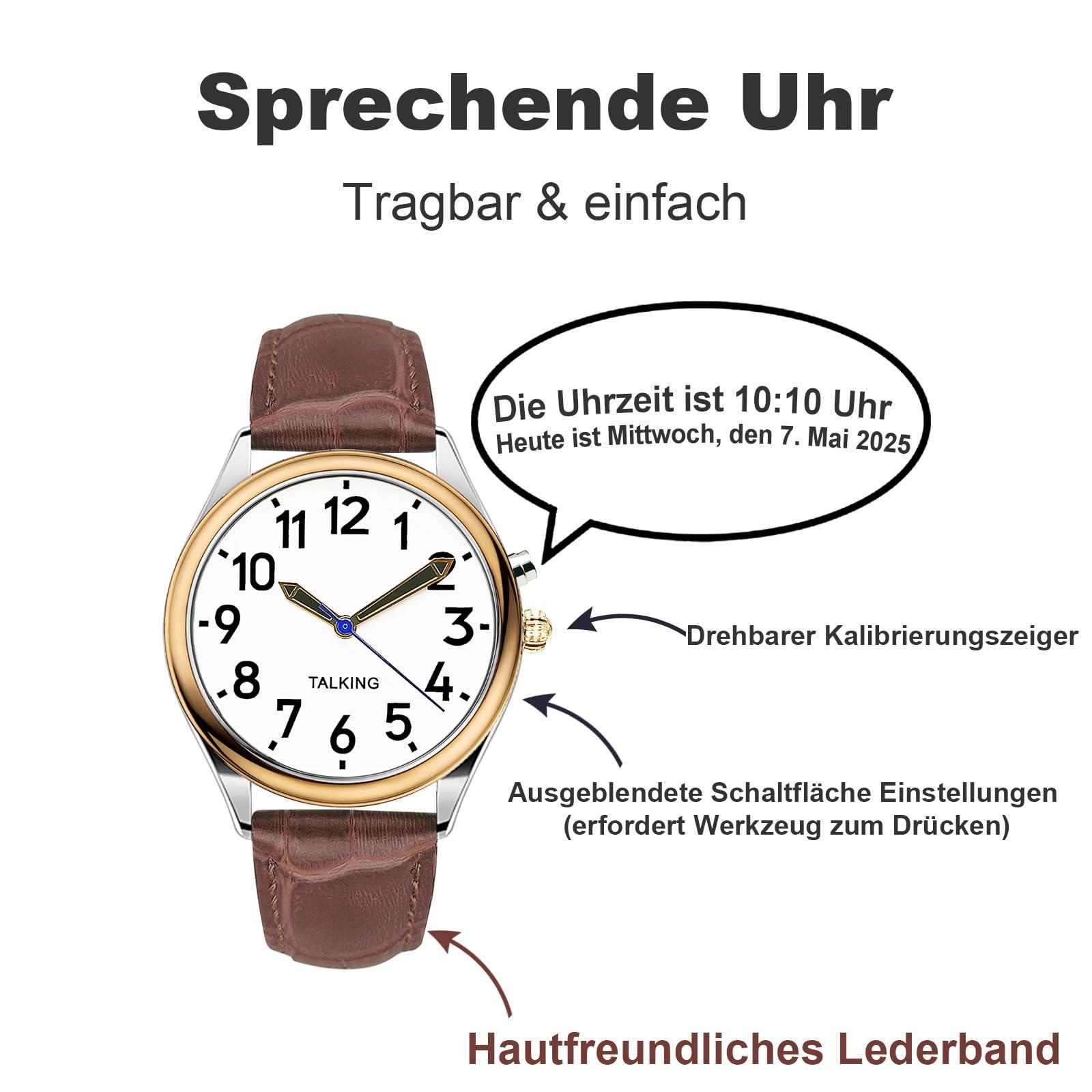 MAUJOY MAUJOY Talking Watch for Men for Blind Seniors with Visual Impairment, Loud and Clear Voice, Speaks German, Brown-a, Modern