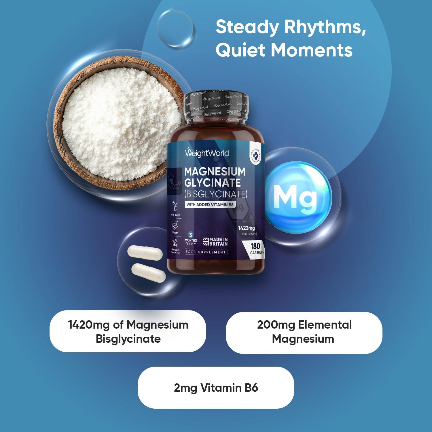 WeightWorld Magnesium Glycinate with Vitamin B6-1420mg Pure Magnesium Bisglycinate Powder Capsules - 180 Magnesium Bisglycinate Capsules - 3 Months Supply - High-Strength Magnesium Supplements