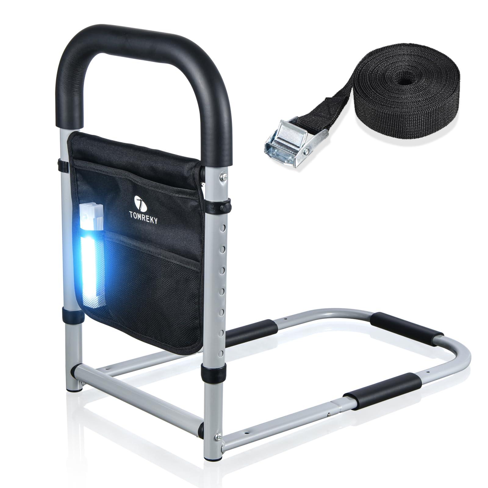 tomreky Bed Rails for Elderly Adults Assist Safety with Motion Light for Seniors Hand Bar Grab with Storage Pocket Patent Stabilizer with Fixing Strap, Support Up to 300lbs Grey