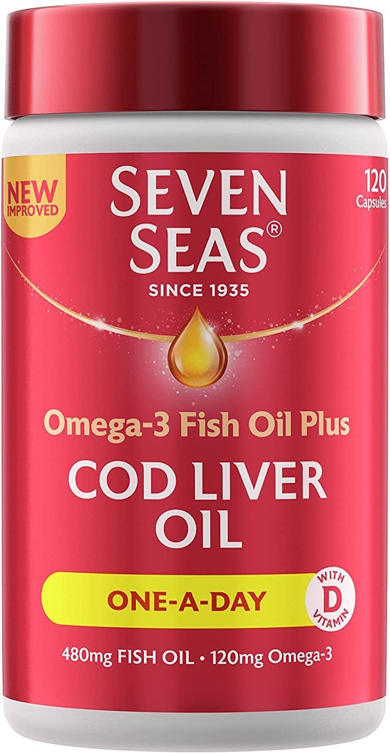 Seven Seas Seven Seas Cod Liver Oil Tablets with Omega-3, Fish Oil, One A Day, 4 Months Supply (120 Capsules), EPA & DHA, with High Strength Vitamin D & A (Pack of 2)