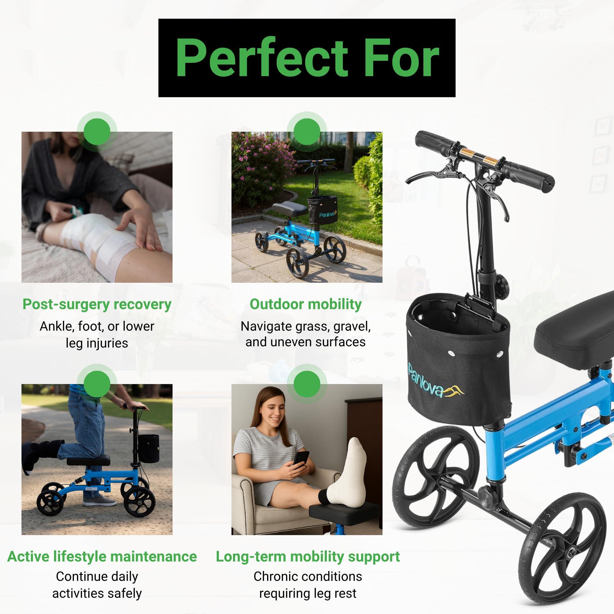 PANLOVA Adjustable Medical Folding Steerable Leg Knee Walker Scooter with Front bag-9251B