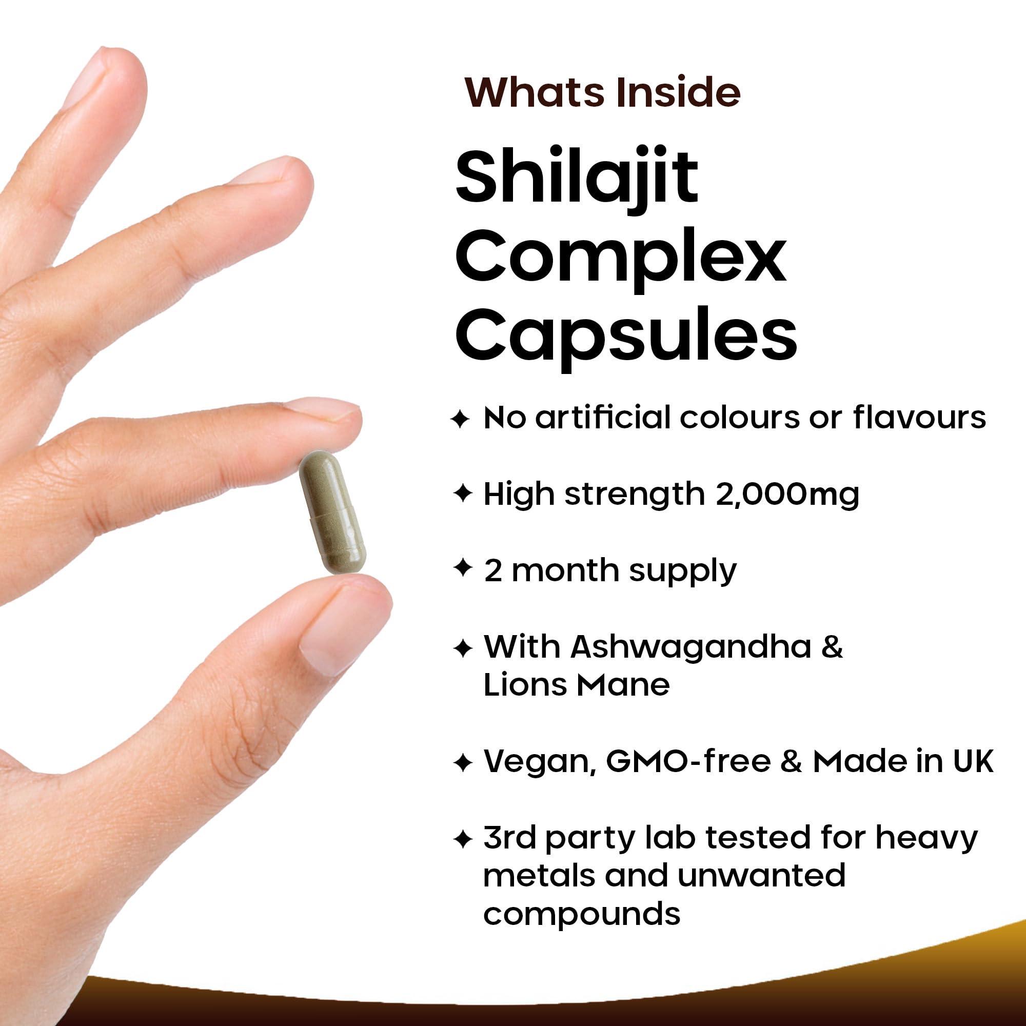 NEW LEAF PRODUCTS Shilajit Complex - Himilayan Shilajit enriched with Ashwagandha & Lions Mane, High Strength 2000mg Shilajit Complex Capsules with 60% Fulvic Acid - 2 Months Supply Made in The UK by New Leaf