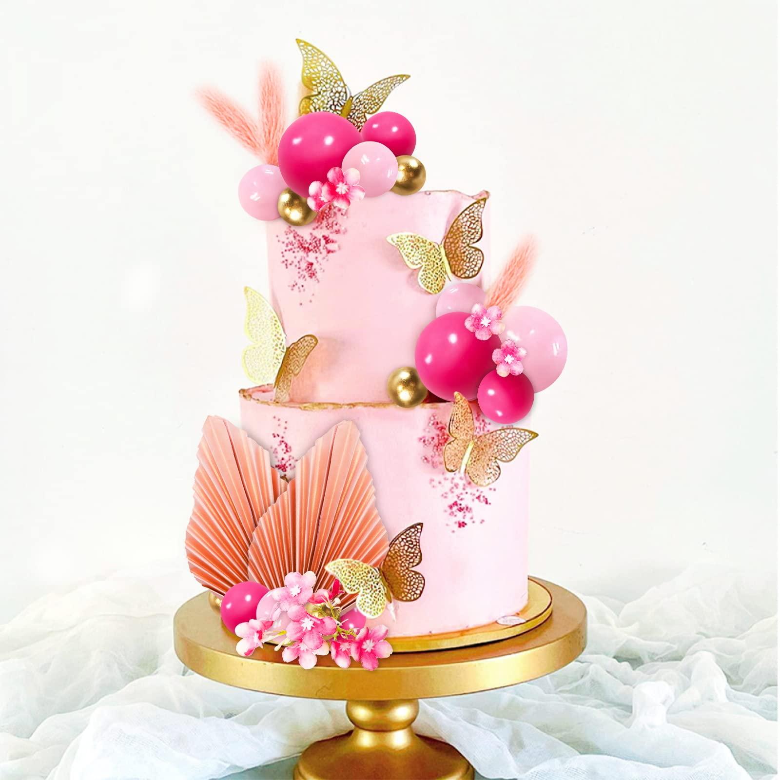 MEMOVAN MEMOVAN 29pcs Flower Boho Cake Topper Ball Cake Decorations Hot Pink Gold Balls Palm Leaves Artificial Plants Cake Decor for Girl Bohemian Hot Pink Princess Theme Wedding Baby Shower Birthday Party