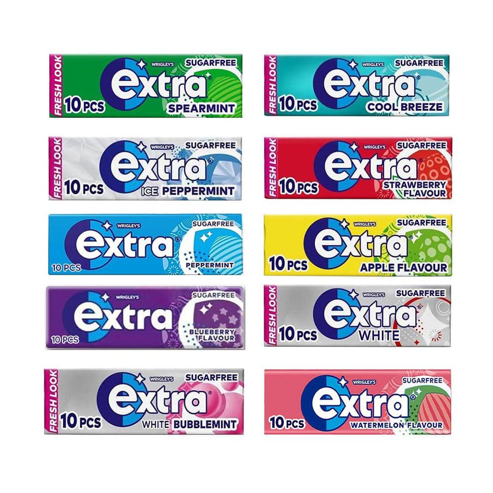 VR ANGLE Extra Chewing Gum 10 x Sugar Free Selection Fresh Bulk box All Mix Flavours - Peppermint, Watermelon, Strawberry, Ice, Apple, White, Cool Breeze, Bubblemint, Blueberry, Spearmint Sold by VR Angle