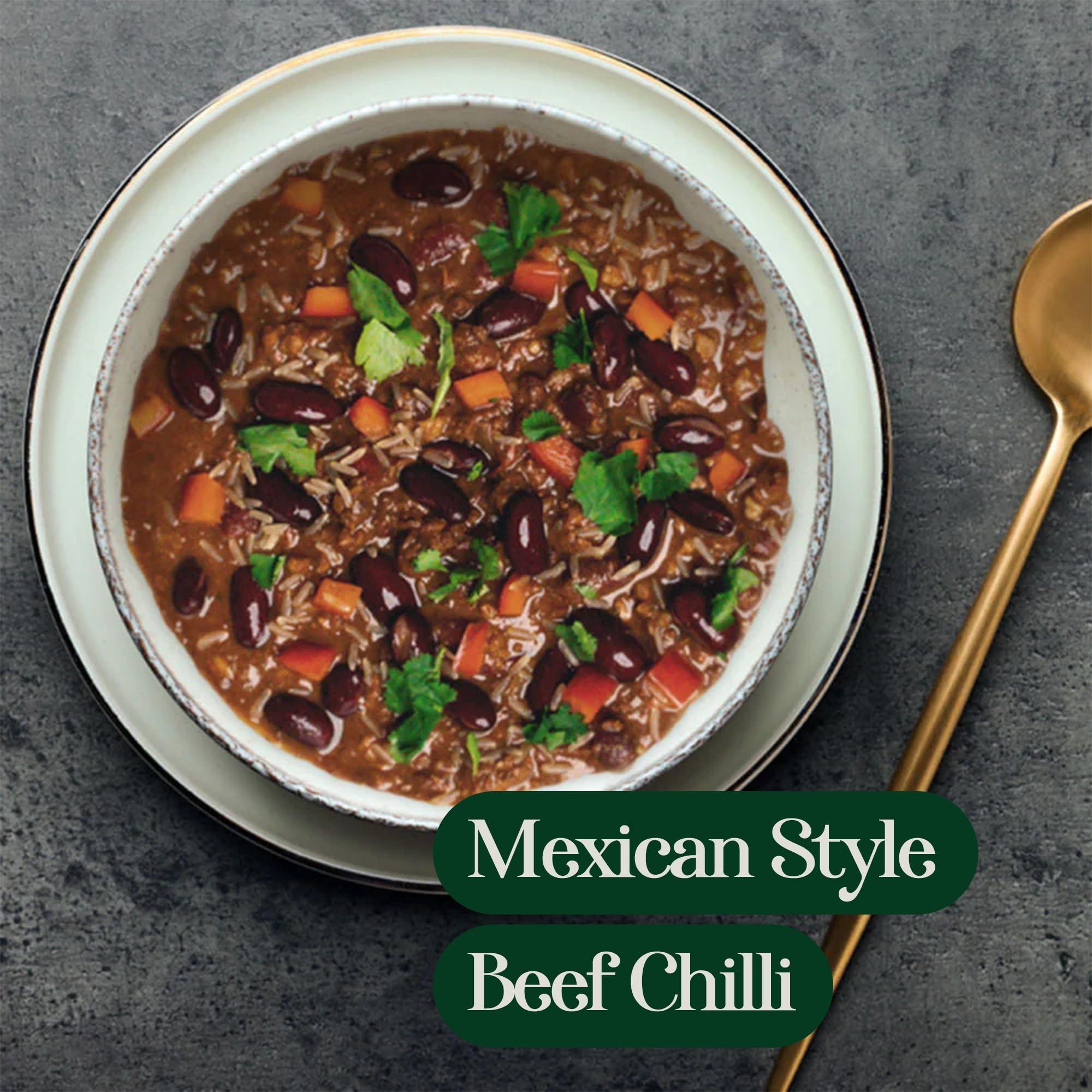 RELO Relo Mexican Style Beef Chilli | 350g Ready-to-Eat Survival Food Pouches | Camping Food Pouches with High-Protein High-Fibre, Low-Fat, Low-Sugar, Low-Cal, Low-Carb, Keto-Friendly (20 Pack)